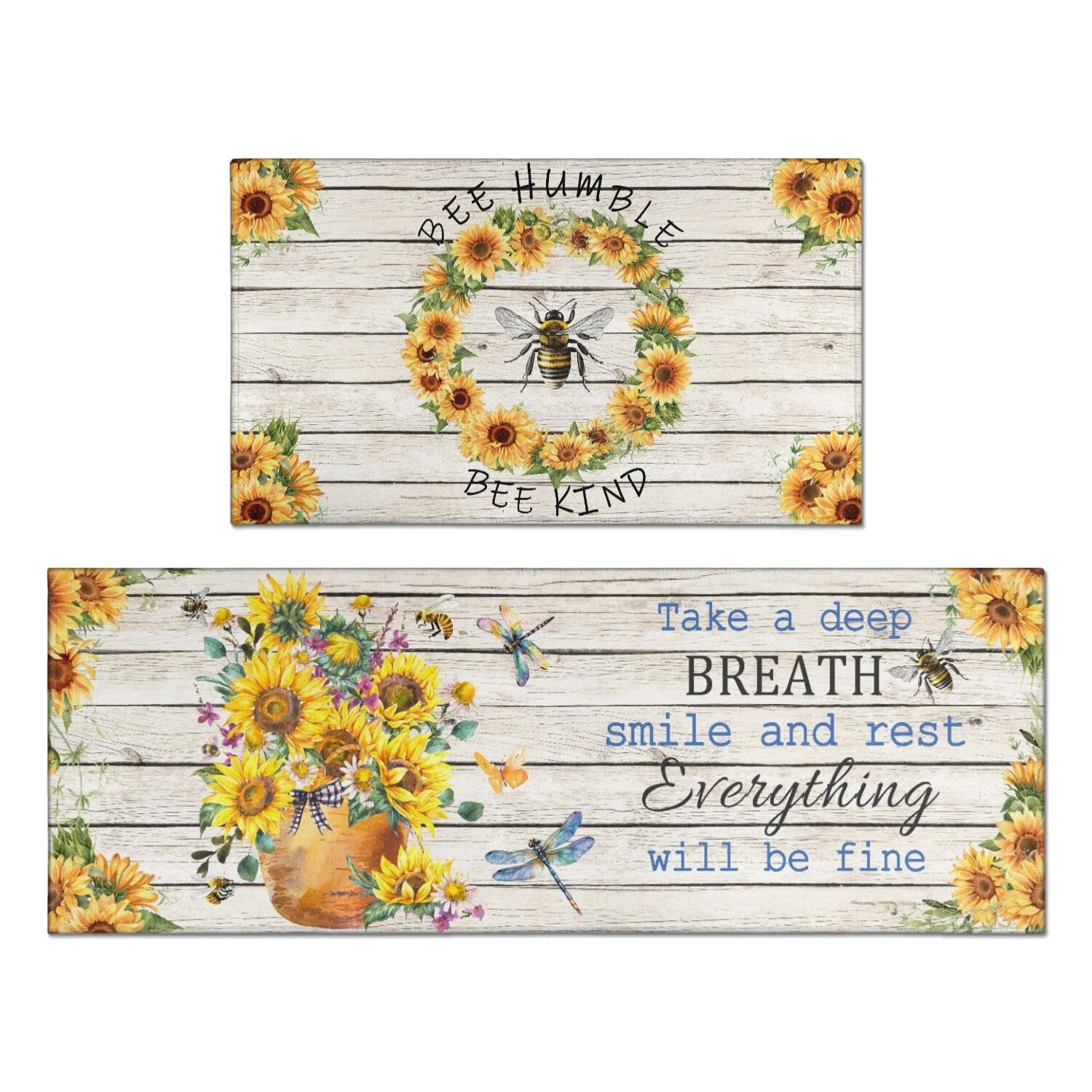 wyoansfhd Sunflowers Farmhouse Kitchen Rug Sets of 2 Piece Non Slip Bee Kitchen Rugs and Mats Washable Summer Kitchen Mats for Kitchen Floor Mat Carpet Runner Rugs for Hallway 17”x30“+17'' X 47''