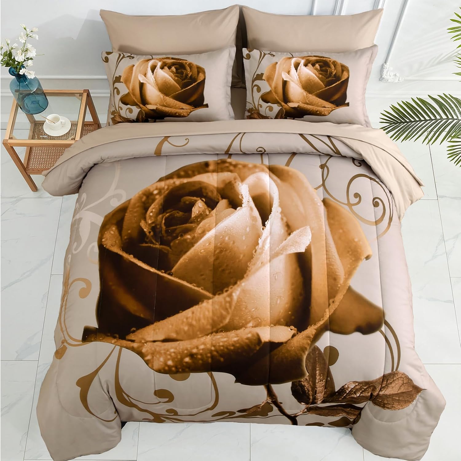 WONGS BEDDING Brown Comforter Set King, Reversible Brown Rose 7 Pieces Bed in a Bag, Lightweight Soft Microfiber Bedding Sets with Flat Sheet, Fitted Sheet, Pillowcases & Shams