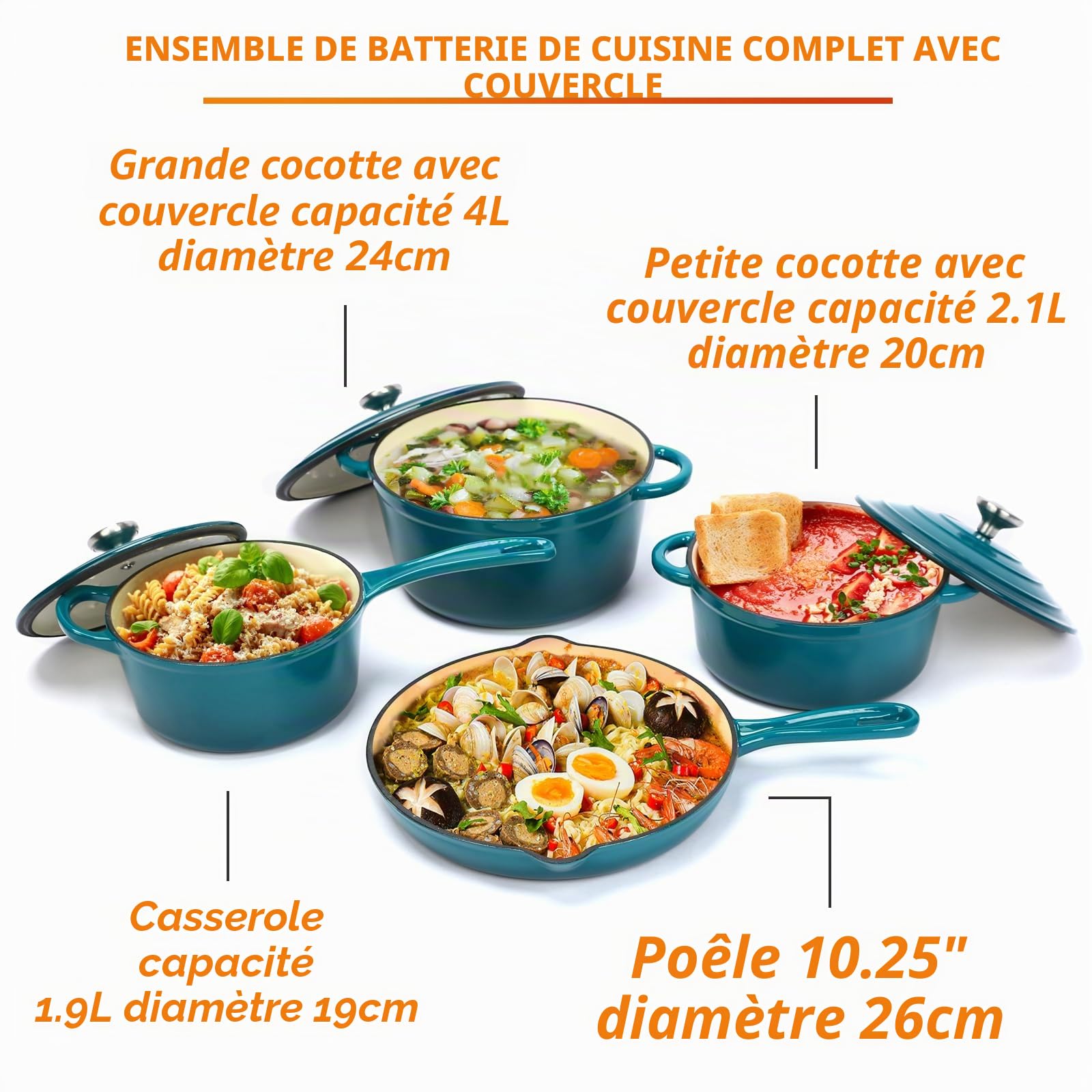 Denmay Lot de 7 casseroles en fonte émaillée avec couvercle, anti-adhésives, tous feux et induction, ensemble d'ustensiles de cuisine avec organisateur, cyan