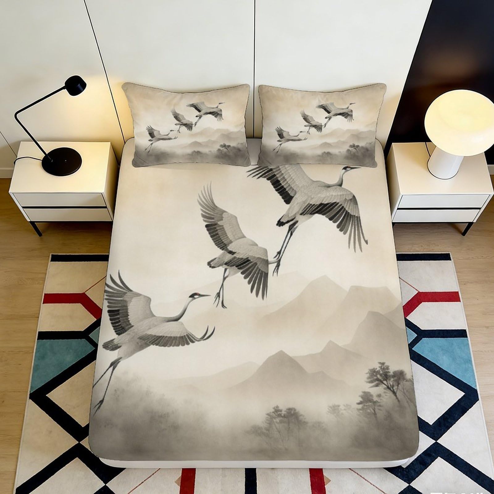 Jqzkxnhpbr Style-5 3D Printed Crane Mountain Fitted Sheet Microfiber Soft Bedroom Decor Bird Landscape Mattress Cover For Home 90X200x25cm