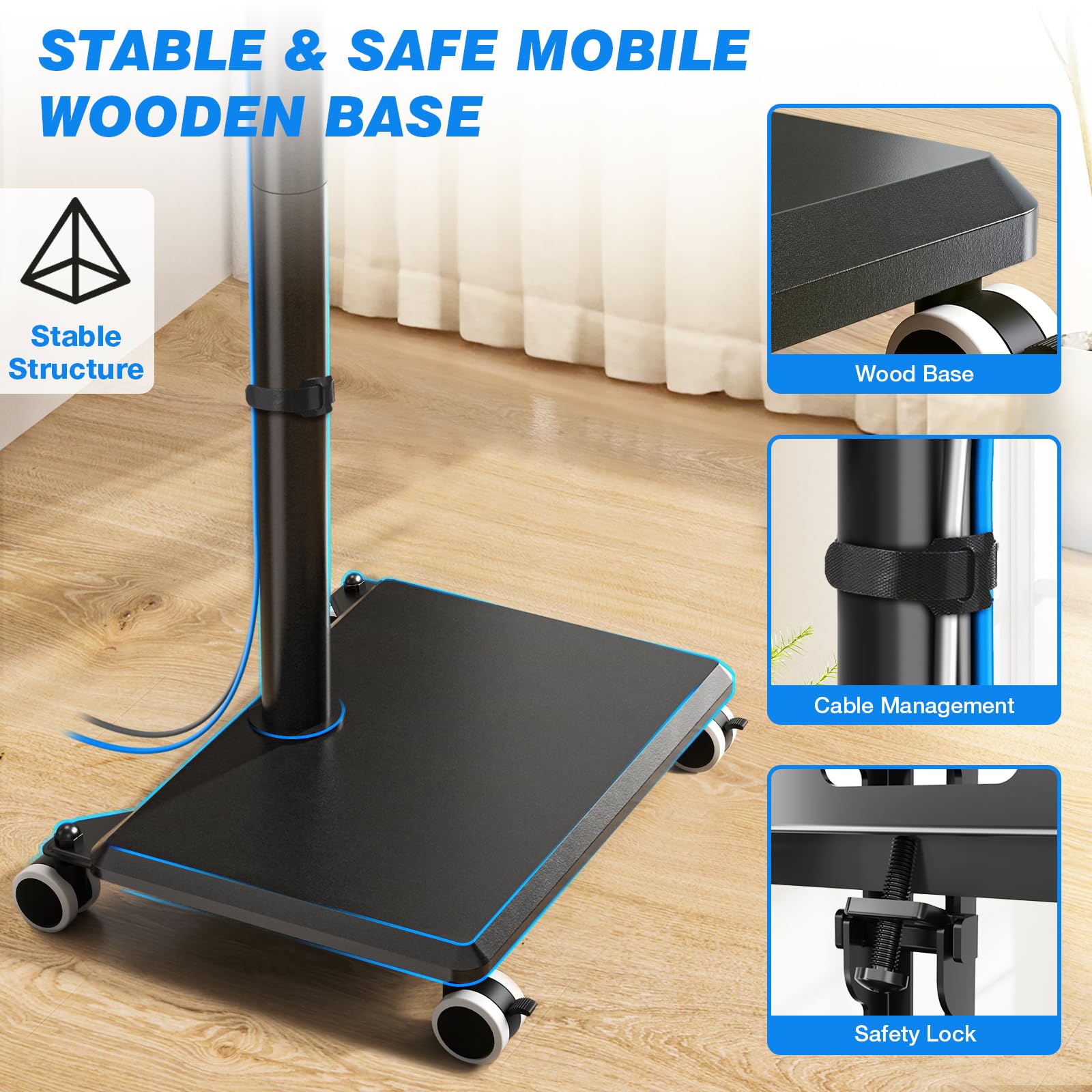 5Rcom Carrello Porta TV con Ruote per TV da 27-55 Pollici, Supporto TV da Pavimento Regolabile in Altezza e Girevole con Base in Legno - VESA Max 400x400mm, Portata Massima 30kg (Nero)