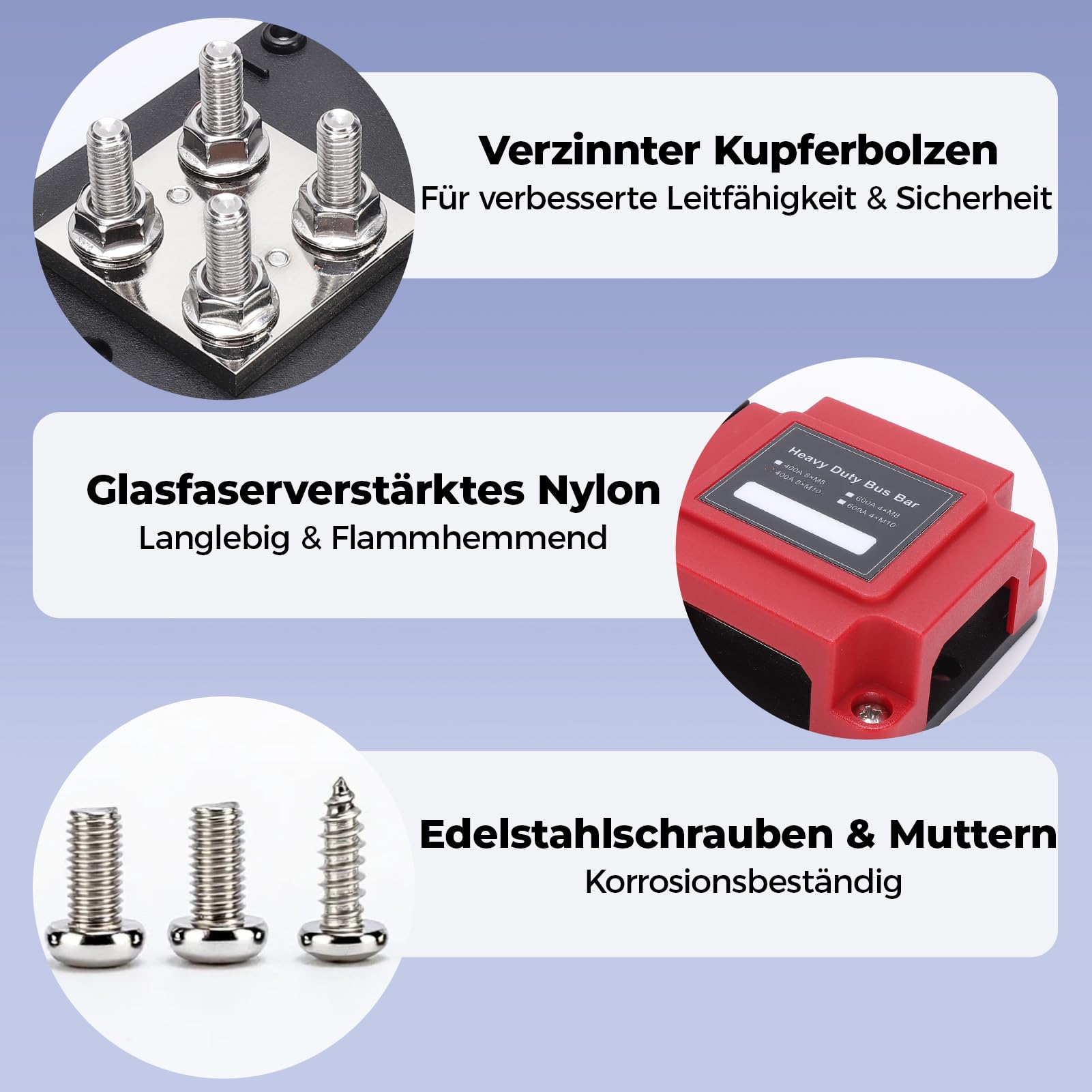 8x M8 Busbar Stromverteiler 12V 24V 48V DC 400A Batterieanschlussblock Hochstrom Verteilerleiste für Auto Wohnmobil Boot LKW Solaranlage Stromversorgung mit Rotem und Schwarzem Deckel