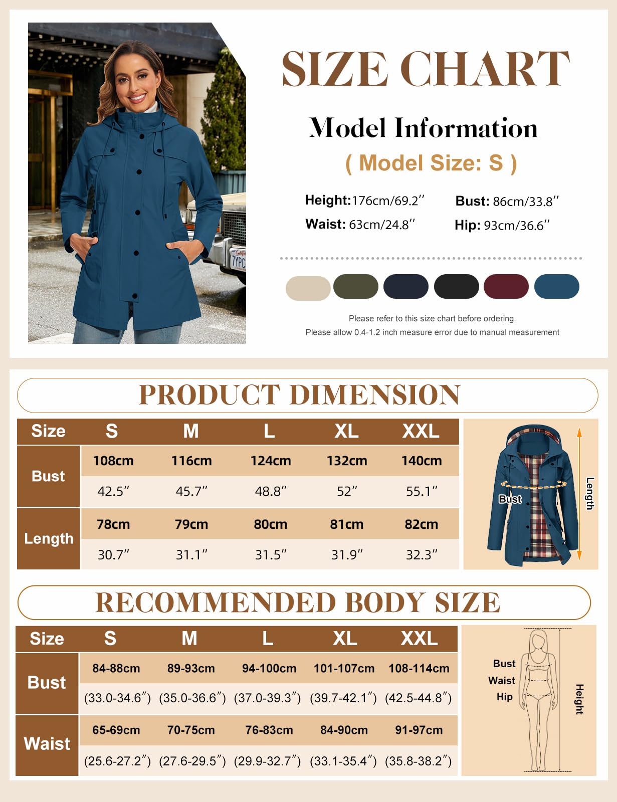 Chubasquero Mujer Impermeable Trench Chaqueta de Lluvia Largo Chaqueta Cortaviento para Mujer con Capucha Ligera Gabardina Impermeable al Aire Libre