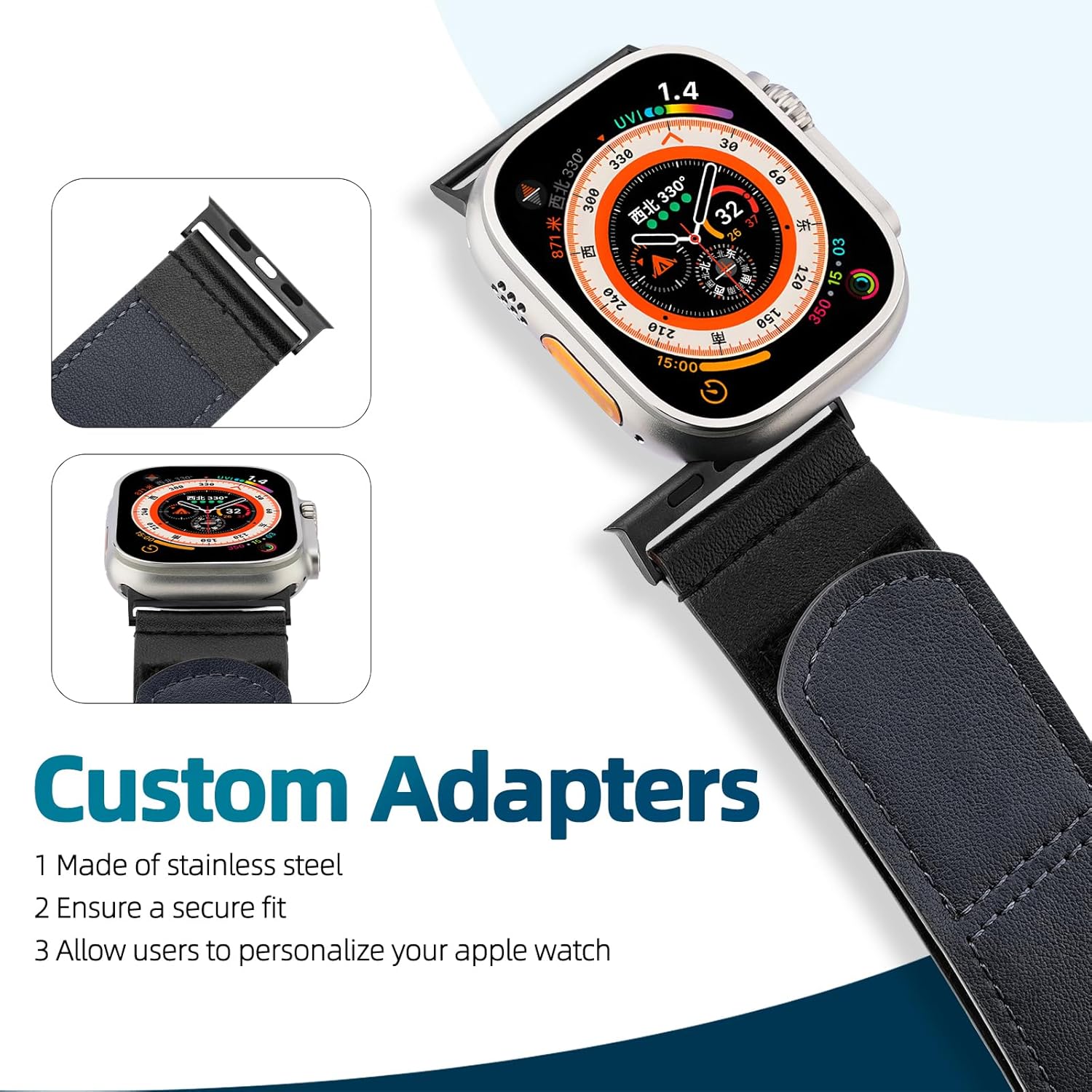 Ritche Christmas Gift Leather Apple Watch Band For Men Women Compatible with Apple Watch 38mm 40mm 41mm 42 mm 44mm 45mm 49mm, Adjustable Hook and Loop IWatch Bands for Ultra Series 8/7/6/5/4/3/2/1 SE Midnight blue/Dark Brown/Tan, Valentine's day gifts for him or her, White Elephant Gifts, Stocking Stuffers for Men