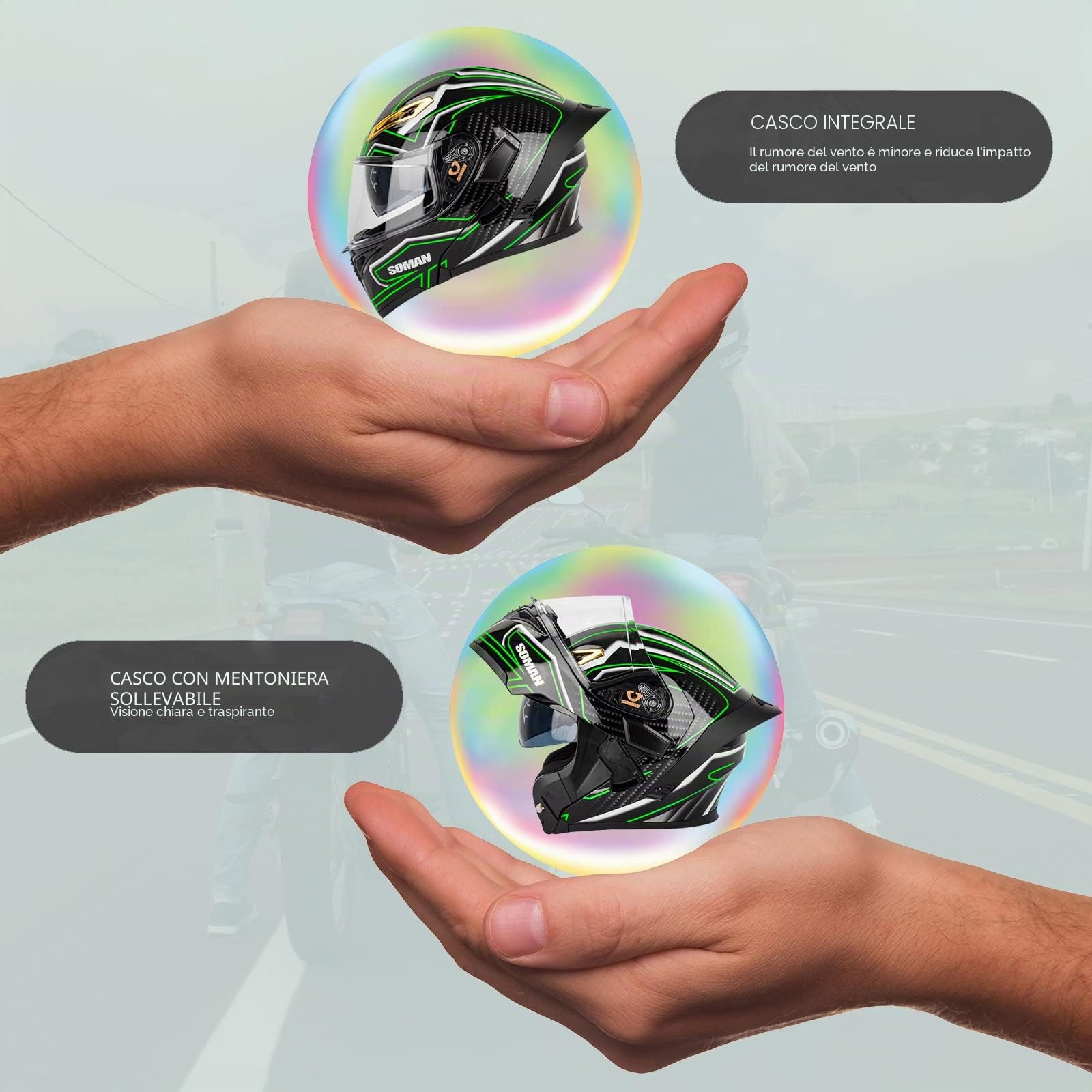Casco Modulare Moto con Doppia Visiera Casco Moto Integrale Omologato ECE con Visiera Doppia Antigraffio Caschi Moto Modulari Uomo e Donna, Nero Verde-M