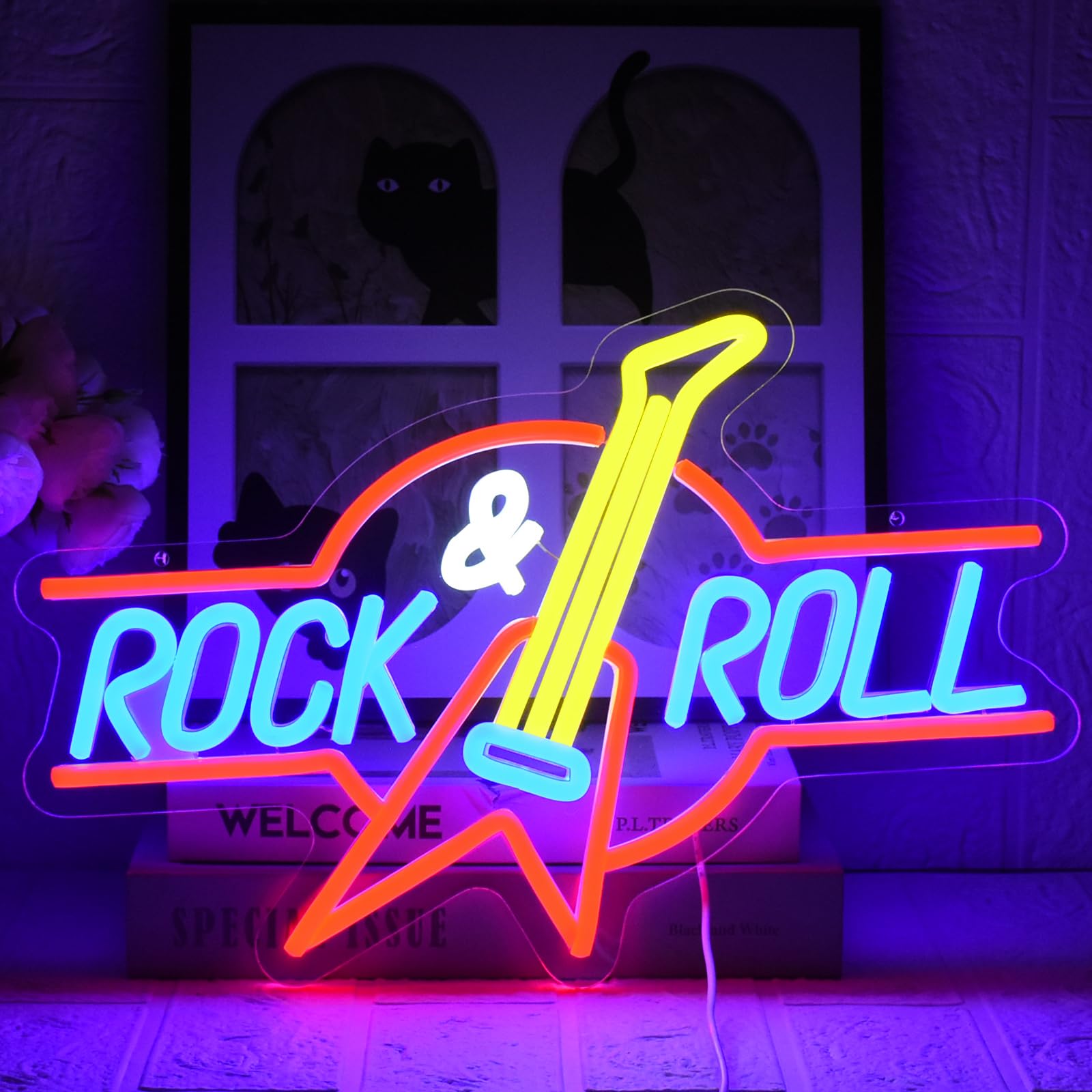 UExnkj-Y Rock Roll Neon Sign Guitar Neon Sign Led Neon Light for Wall Decor USB Powered Dimmable Music Neon Light for Bar Bedroom Music Studio Vocal