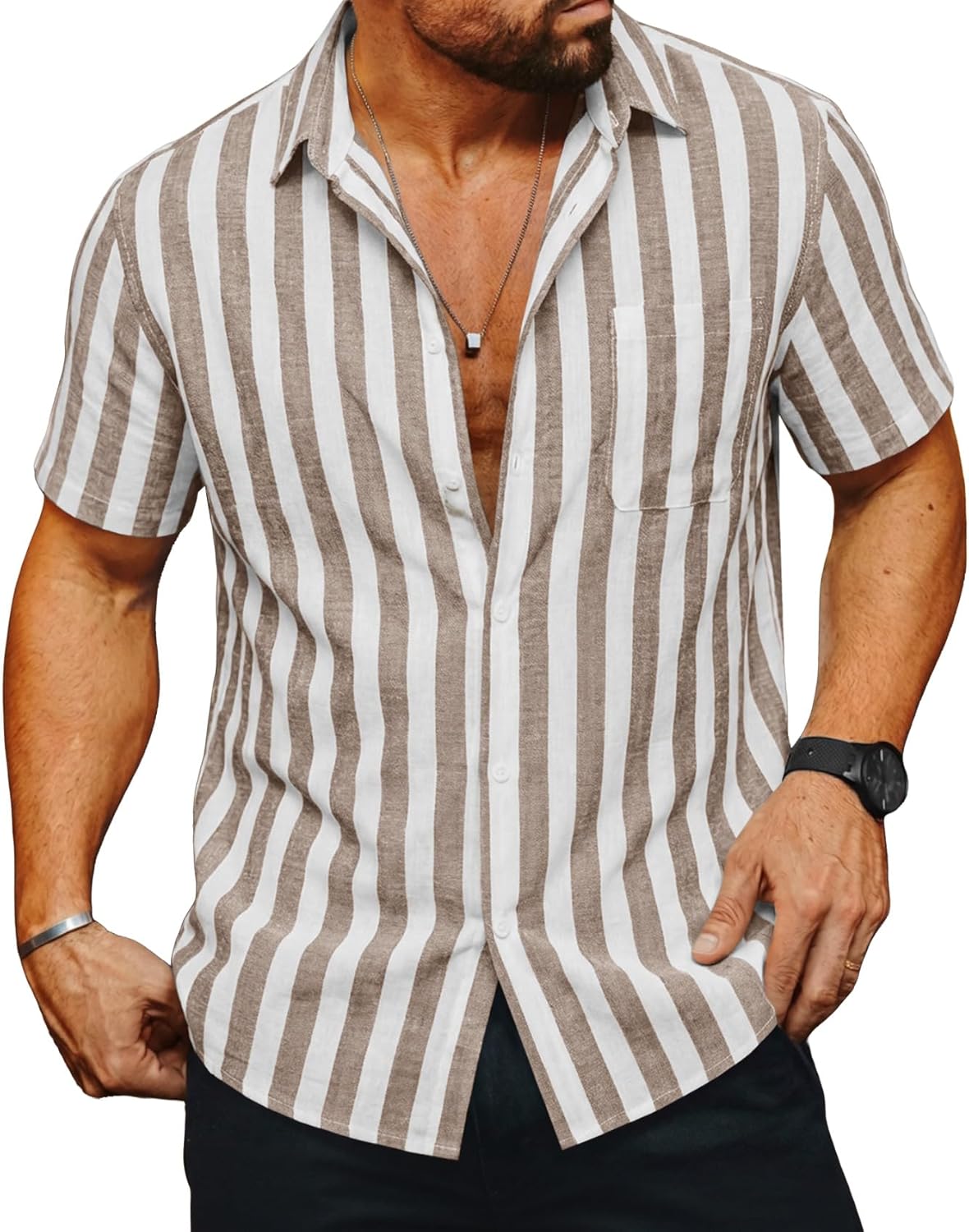 Runcati Mens Striped Button Down Shirts Casual Short Sleeve Linen Shirt Summer Beach Vacation Tops