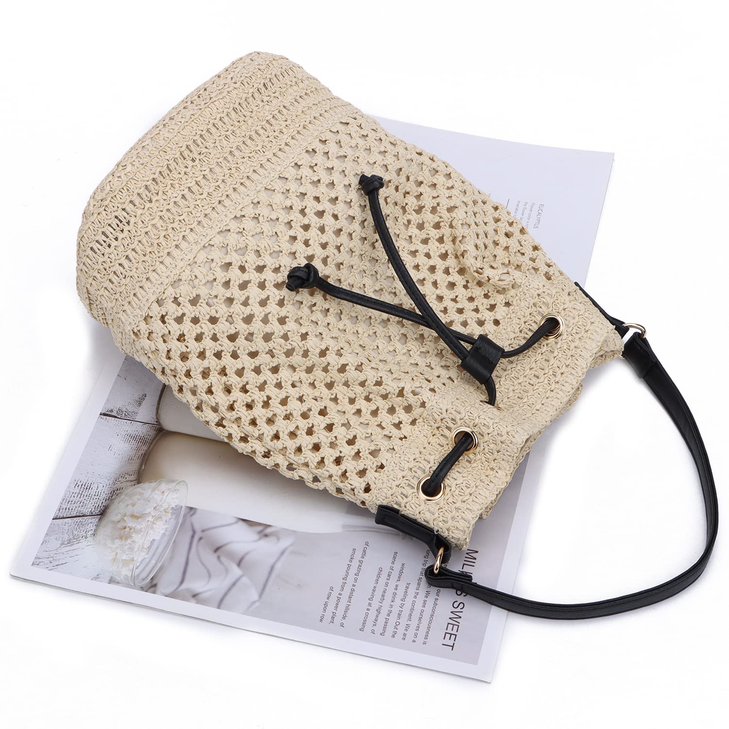 EVEOUT Sacs bandoulière Rétro Tissés Paille Femme Été Style bohème Grand Cabas Sacs portés épaule paille plage