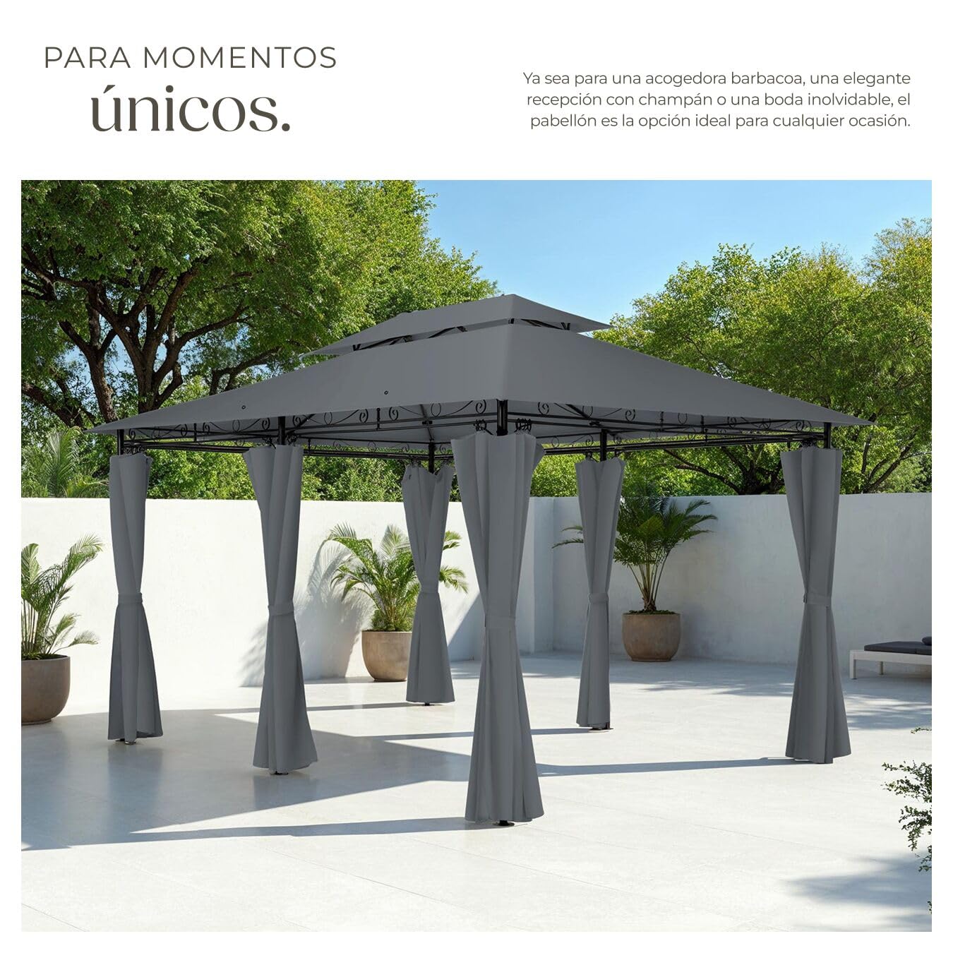 tectake® Carpa Pabellón, Cenador Jardín Exterior, Paneles Laterales, Cenadores para Jardin, Soporte Estable, Pergolas de Jardin, Carpas para Exteriores - 3x4 m Antracita