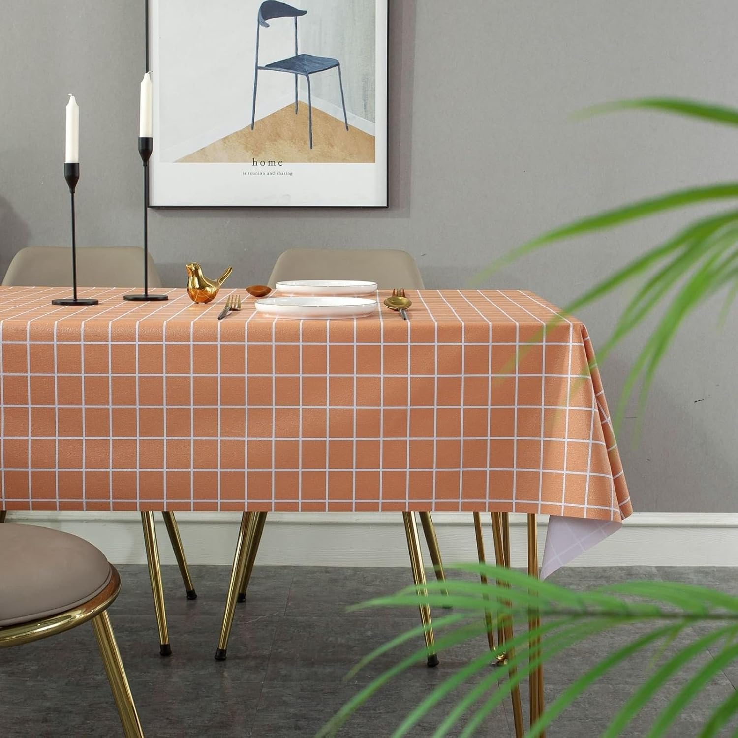 Tablecloth Party, 55 x 118 inch, Rectangular, Orange, PVC Plaid Pattern Table Cover