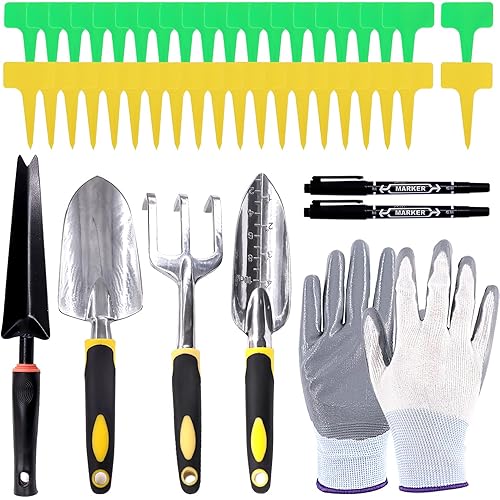 Cimeton 47Pcs Garden Tools Set, Heavy Duty Gardening Tools Garden Hand Tools Includes Trowel, Transplant Trowel, Cultivator Hand Rake, Weeder and Gloves and Plant Tags Gardening Gifts Tools