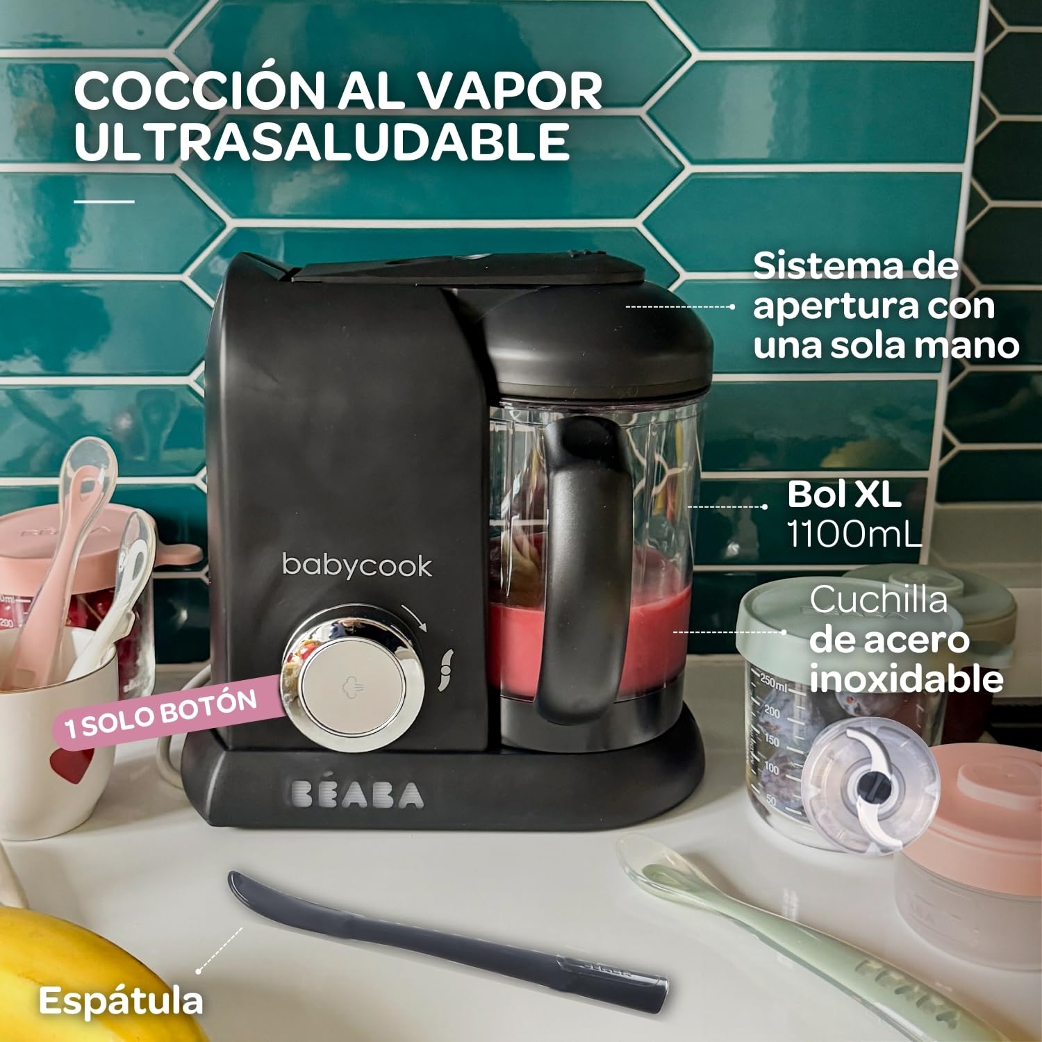 BÉABA Babycook Solo, Robot de cocina infantil 4 en 1, Tritura, cocina y cuece al vapor, Cocción rápida, Comida casera y deliciosa para bebés y niños, Comida variada para tu bebé, Negro