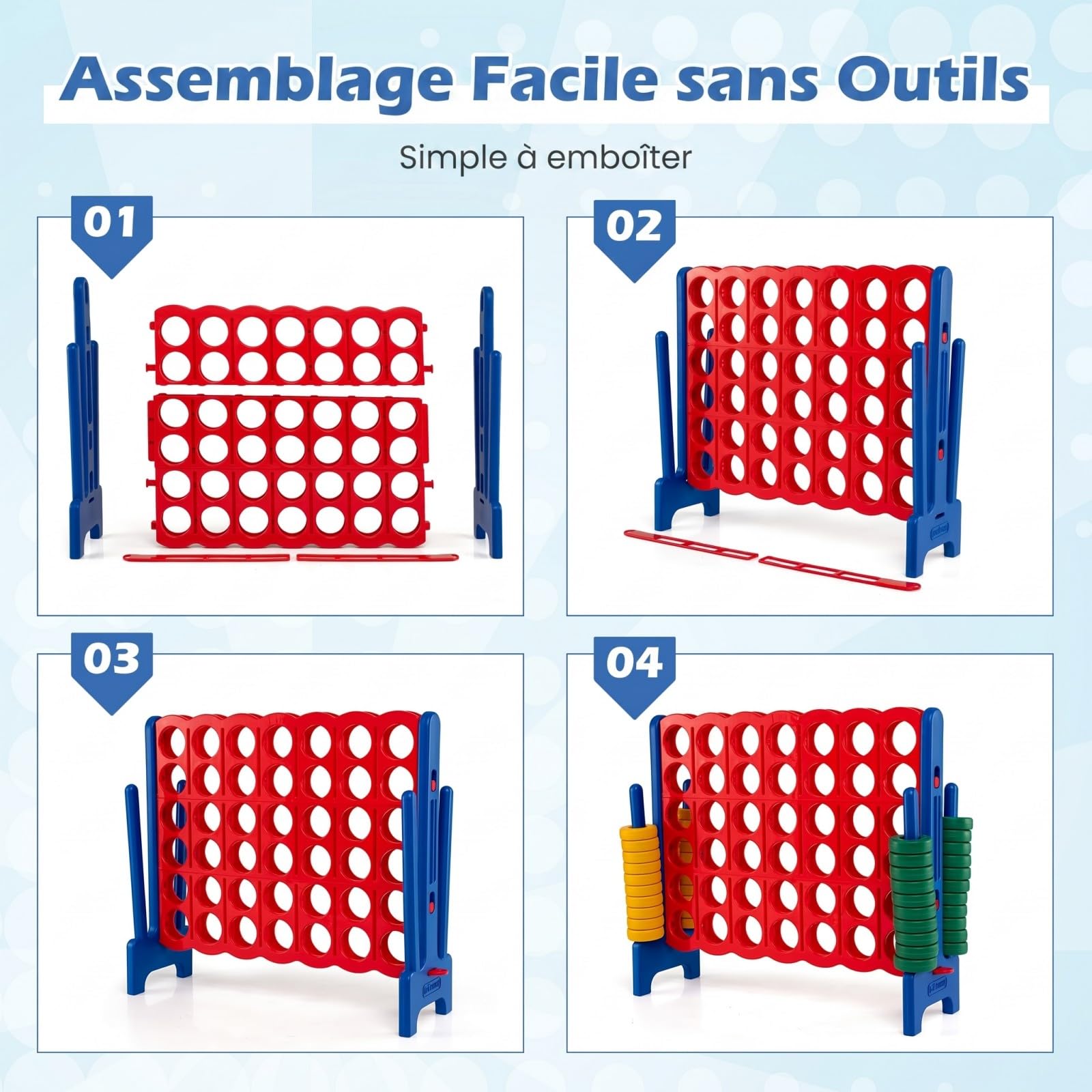 GOPLUS Puissance 4 Géant avec 42 Anneaux, Levier, Porte-Anneaux Latéraux, Plateau en Plastique, Jeu de Société Éducatif 4-en-Ligne pour Réunions de Famille Intérieur/Extérieur, 2-4 Joueurs (Bleu)