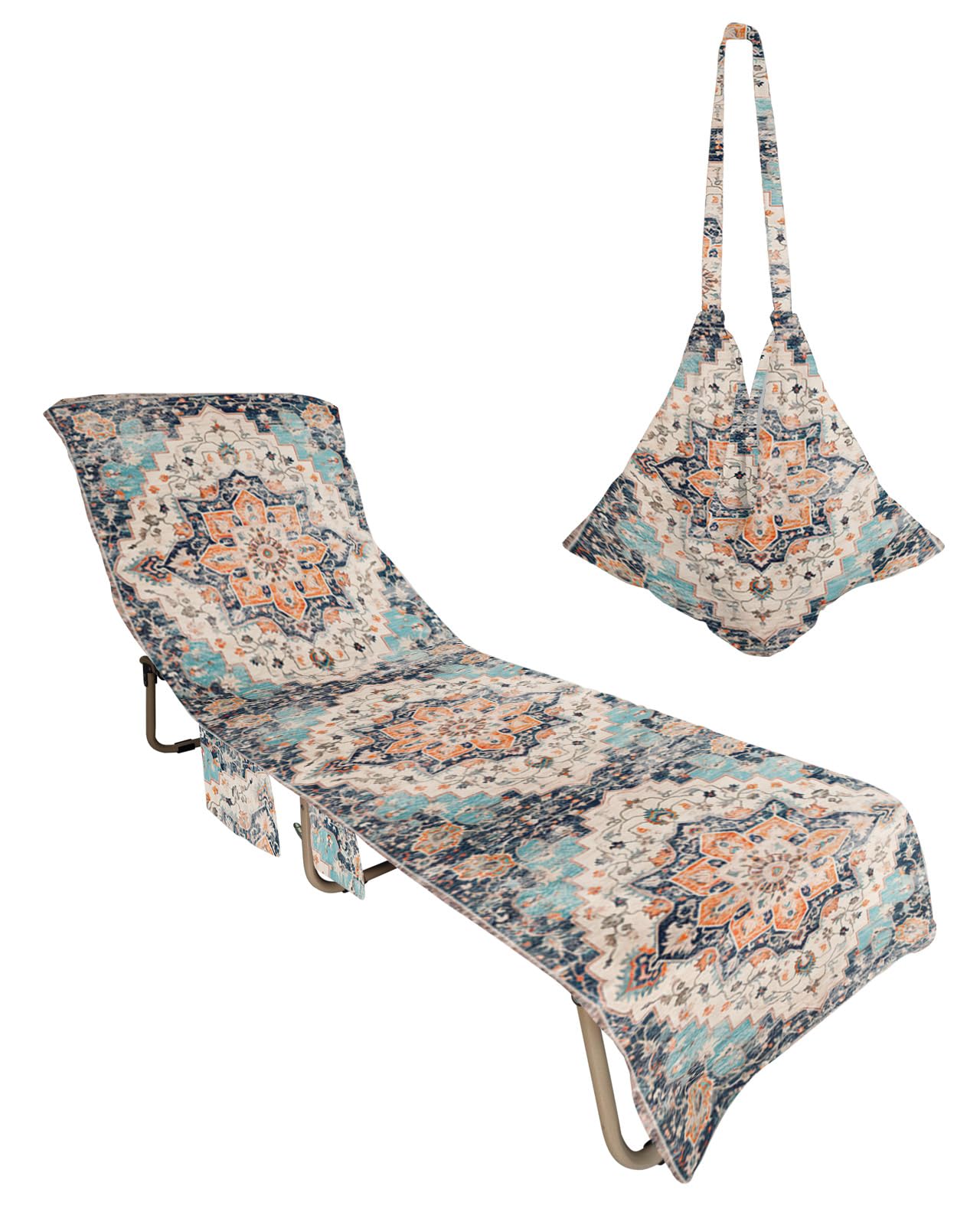 Orange Blue Beach Lounge Chair Towel Cover, Soft Chaise Lounge Towel with Side Pockets Patio Pool Chairs Cover for Beach/Pool Sunbathing 29x85 Boho Geometric Middle Century Abstract Western