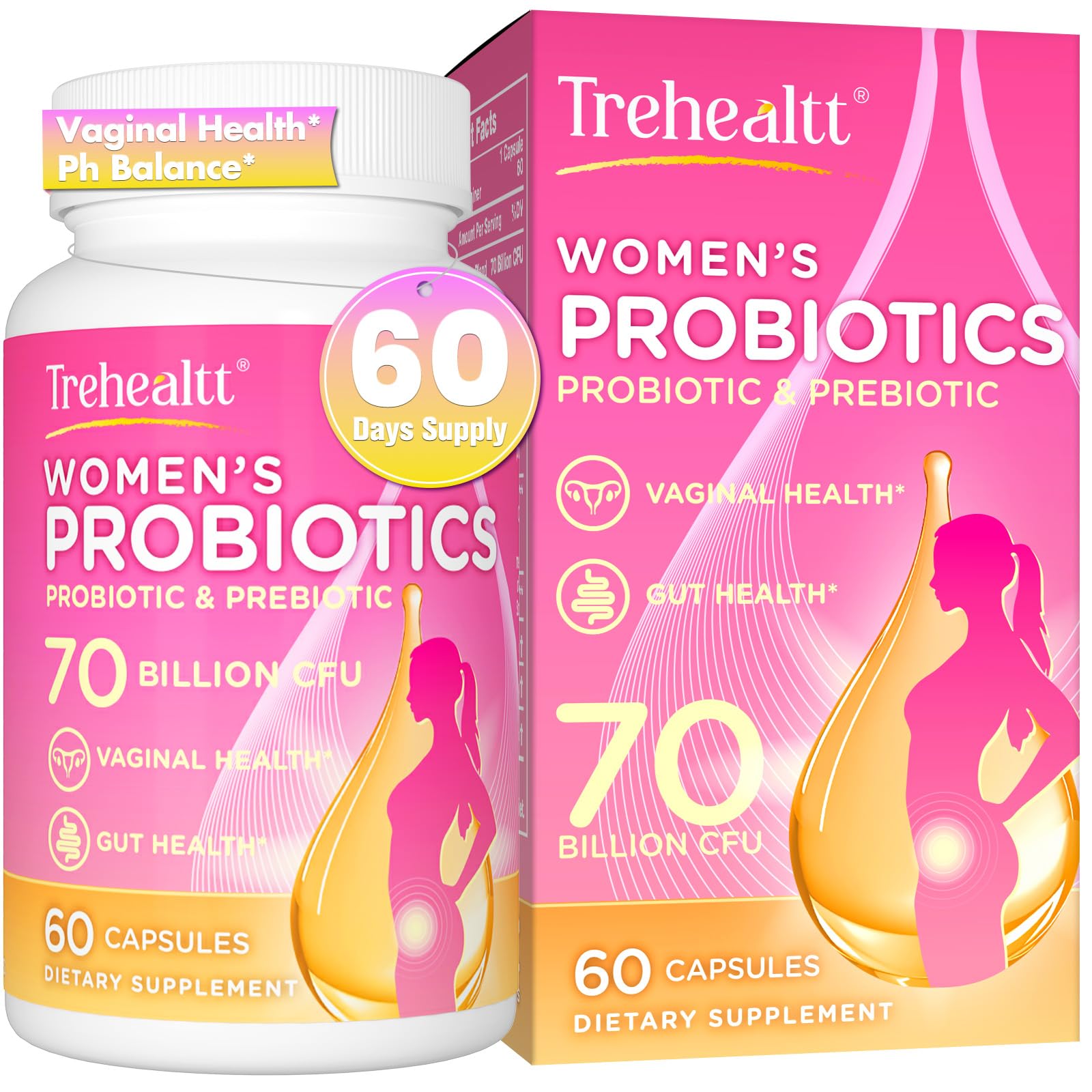 70 Billion CFUs Vaginal Probiotics, PH Balance with Probiotic & Prebiotic & D-Mannose, Women Probioticos for Odor & Flora, Yeast, vag, Urinary Health, GMO-Free, 60 Days Supply