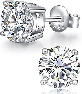 18K White Gold Plated CZ Cubic Zirconia Simulated Diamond Sparkly Round Stud Earrings 925 Sterling Silver 4mm to 8mm Fine Jewelly for Women Men