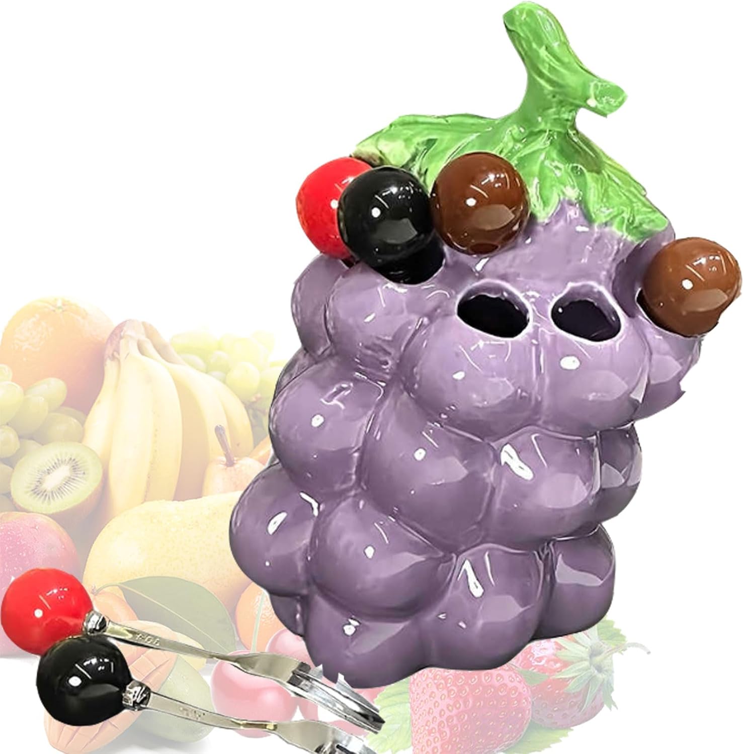 Stainless Steel Fruit Dessert Forks Set with Grape Ceramic Holder, Elegant Cocktail Cake Forks 6 Pieces, Afternoon Tea Forks for Salad Fruit Party Cake Camping