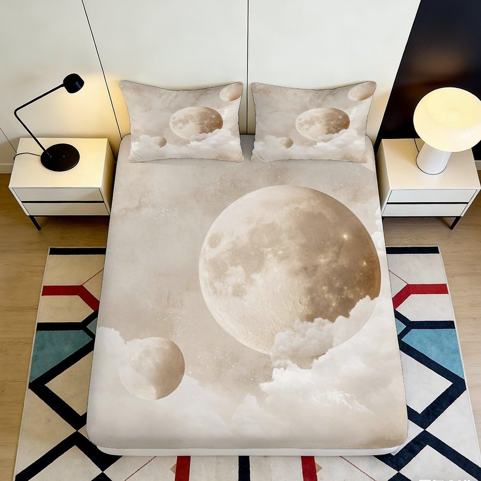 3D Printed Moon Cloud Fitted Sheet Microfiber Soft Mattress Cover Bedroom Decor Anti-Slip Easy Care for All Ages 90x200x25cm