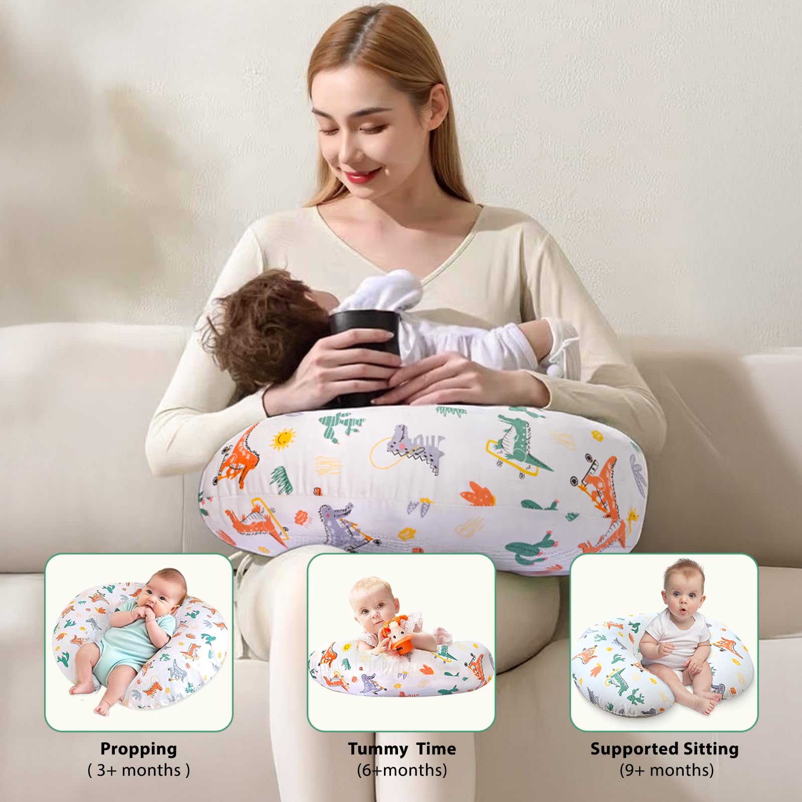 Almohada de lactancia original, almohadas de lactancia para lactancia, almohada de lactancia para mujeres, con funda extraíble 100% algodón y relleno transpirable, lavable a máquina (dinosaurio