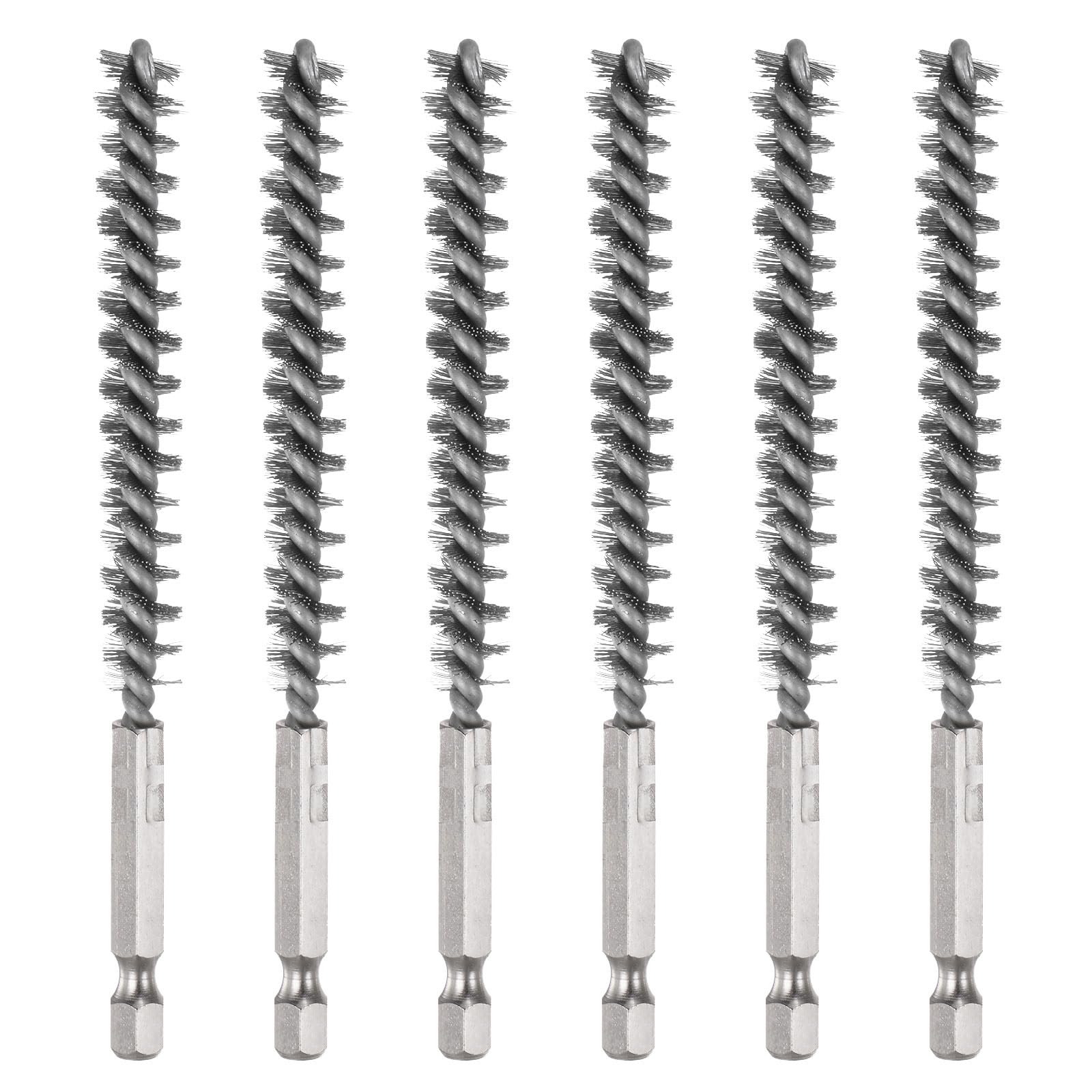 sourcing map 6Pcs 304 Stainless Steel Bore Brush 9mm Dia 4.5" Long Cleaning Twisted Wire Brush with Handle 1/4" Hex Shank for Tubes Ports Bearings, Silver
