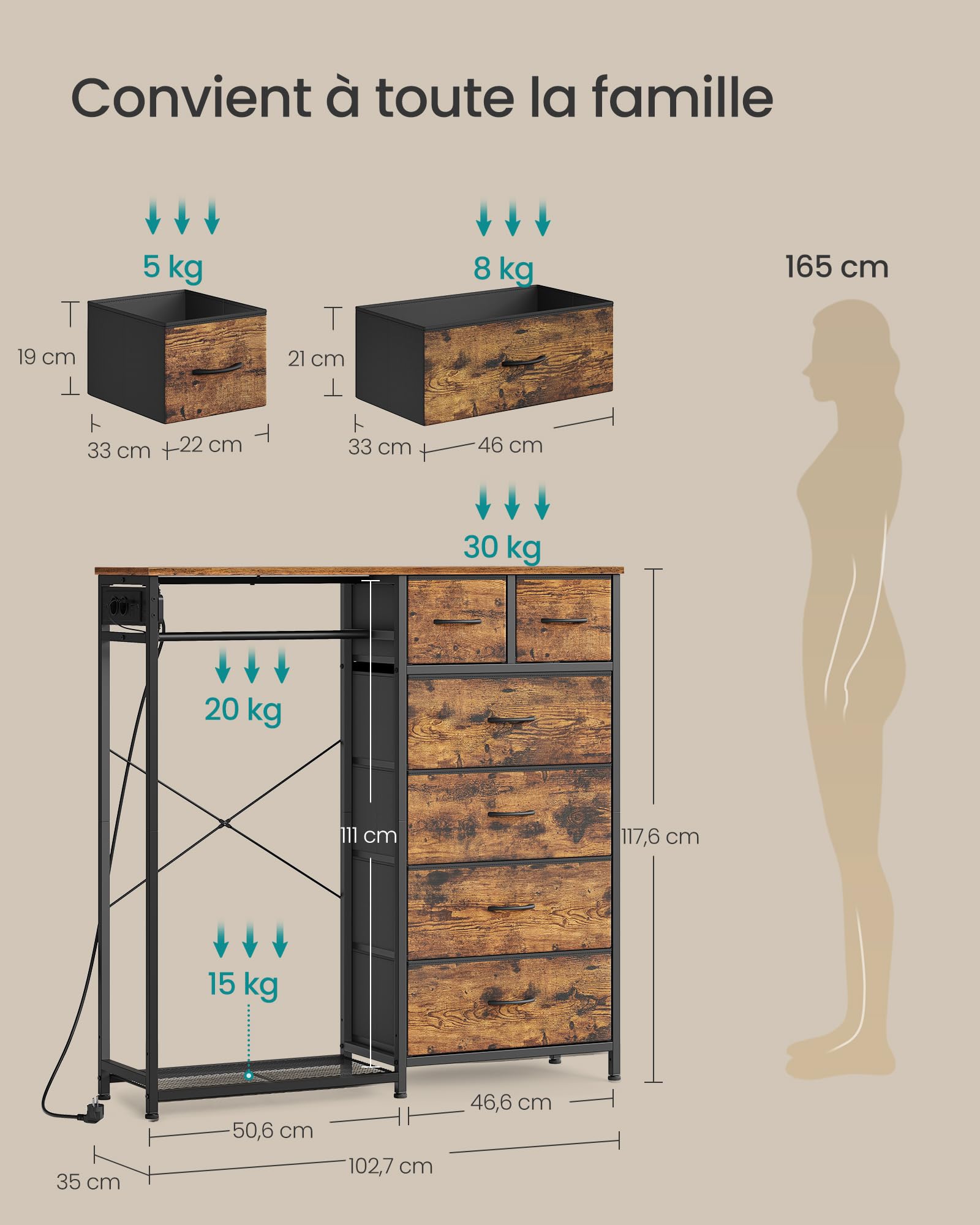 SONGMICS Portant à Vêtements avec 6 Tiroirs, Vestiaire avec Éclairage LED et Prises, Étagère à Chaussures, pour Chambre et Entrée, 102,7 x 35 x 117,6 cm, Marron Rustique, Collection BELLAH LGS523K102