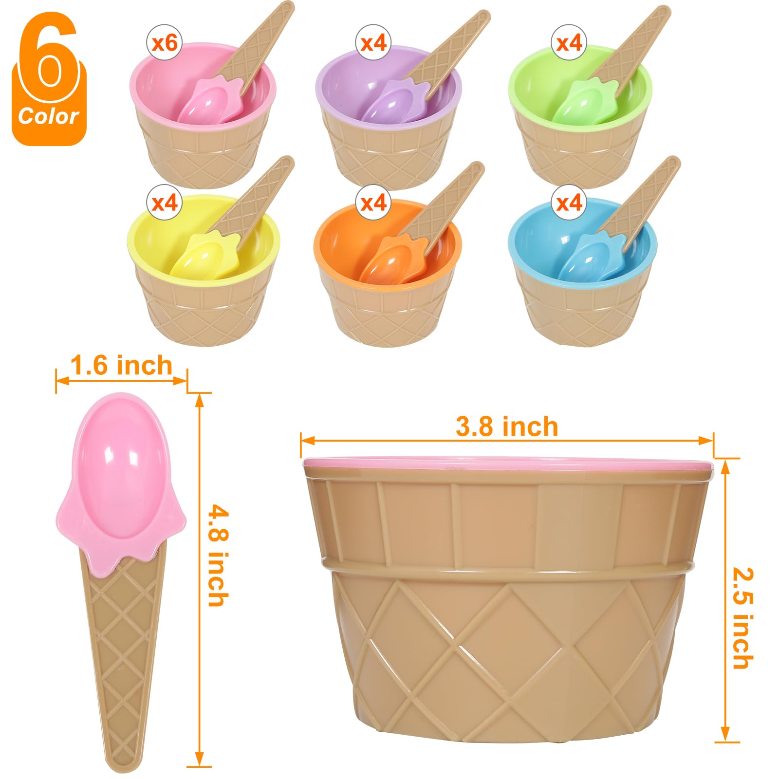 Hbaushun Paquete de 26 cuencos de plástico para helado con cucharas, tazas de helado de plástico reutilizables, juego de cuencos de helado de caramelo de dibujos animados para Sundae, yogur congelado,