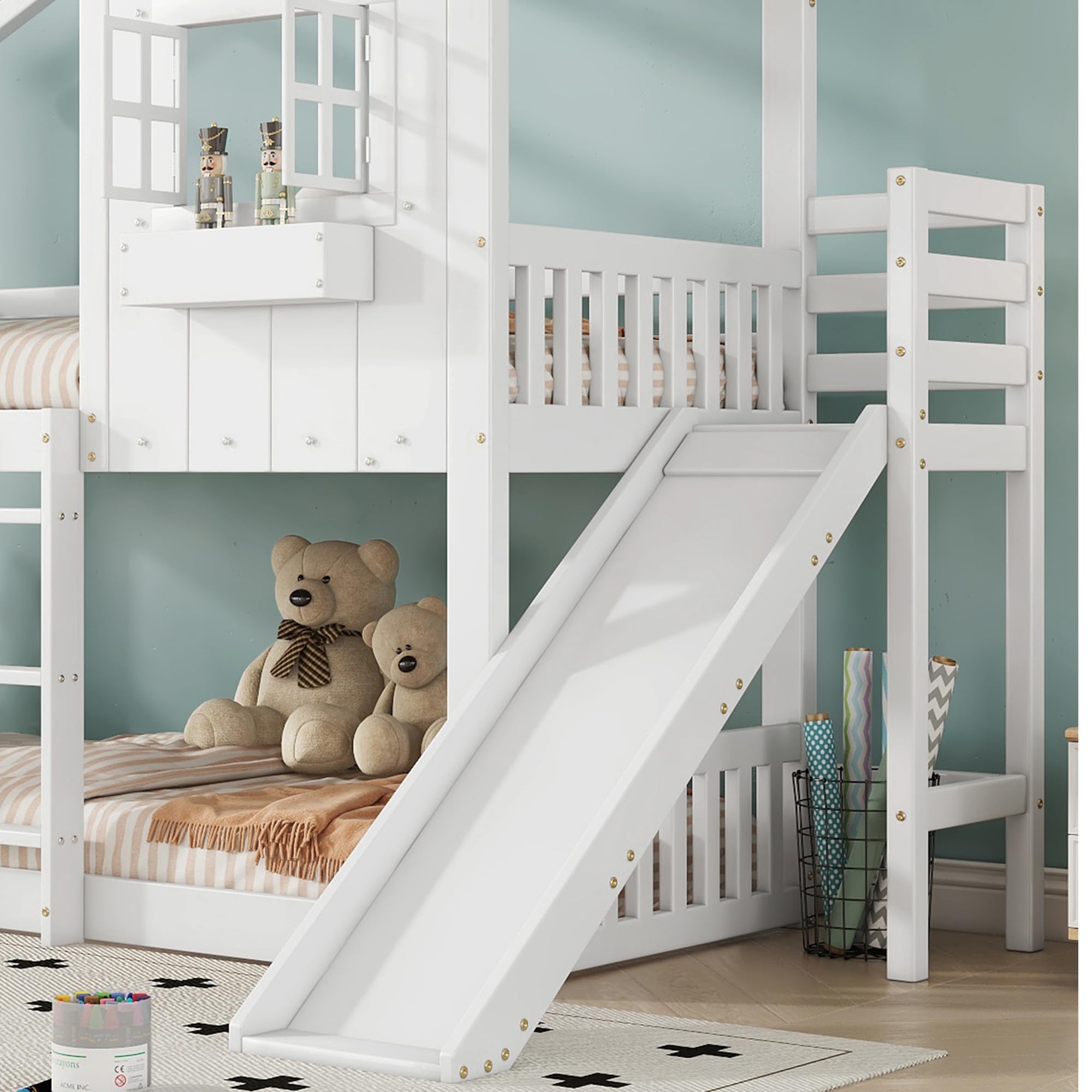 Letto a Castello (90x200 cm) in Pino+MDF con Scivolo e scaletta a Tre gradini, Letto a Castello per Bambini con Tetto, Finestra, Sponda di Sicurezza, Bianco