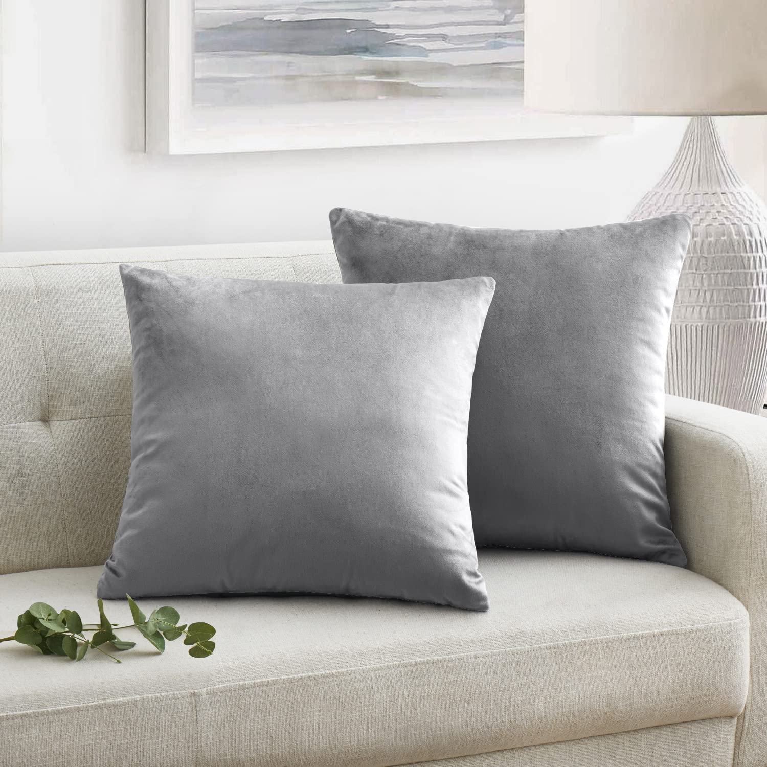 Oxford Homeware Velvet Cushion Covers 45 x 45 (Pack of 2) Square Throw Pillow Cases Decorative Silver Cushion Cover for Sofa Bedroom Living Room with Invisible Zipper (18 x 18 Inch)