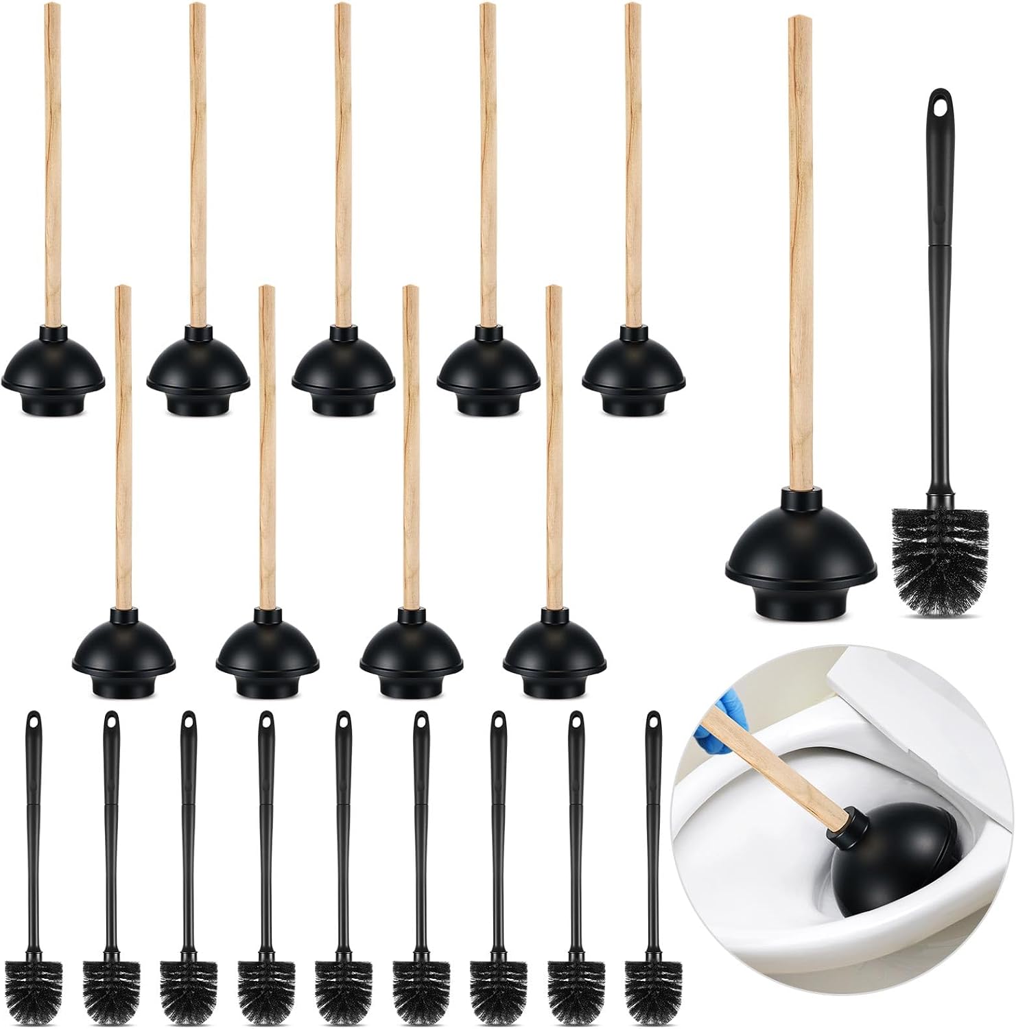 Sawysine 20 Pcs Commercial Toilet Plunger and Brush Set 6 Pack 18" Rubber Plunger with Double Thrust Force Suction Cup Handle and 6 Pack 16.54" Toilet Bowl Brush Bulk for Store Restaurant (Wood)