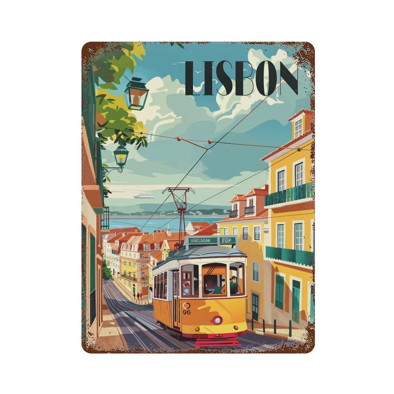 Distressed Metal Wall Sign Lisbon Tram 15.7"x11.8", Decorative Metal Wall Art for Farmhouse, Kitchen And Entryway Decor