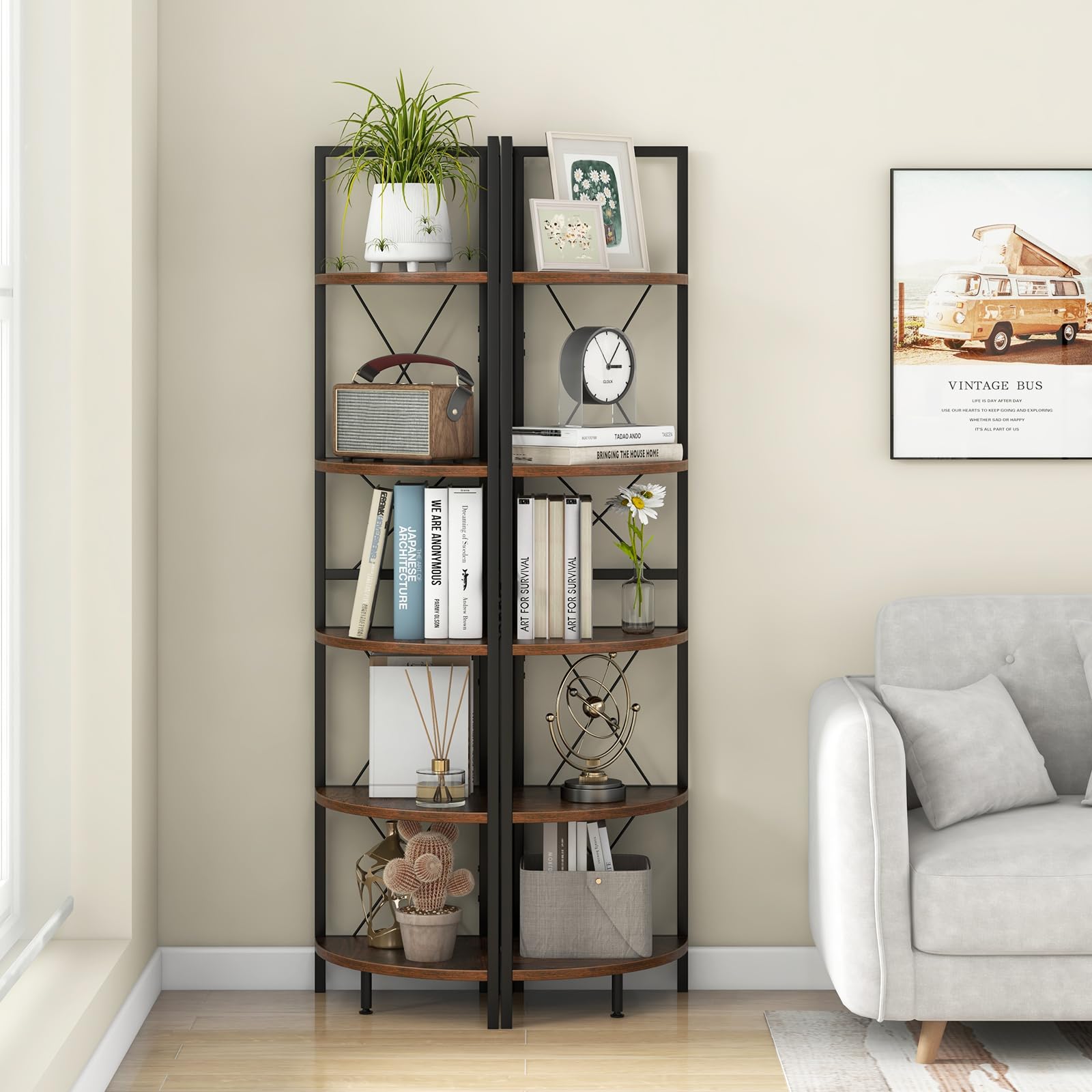 Giantex Estantería Esquinera de 5 Niveles, Librería de Madera y Metal, 35,5 x 35,5 x 159,5 cm, Estantería de Almacenamiento de Esquina para Salón, Dormitorio, Estudio (Marrón Rústico)