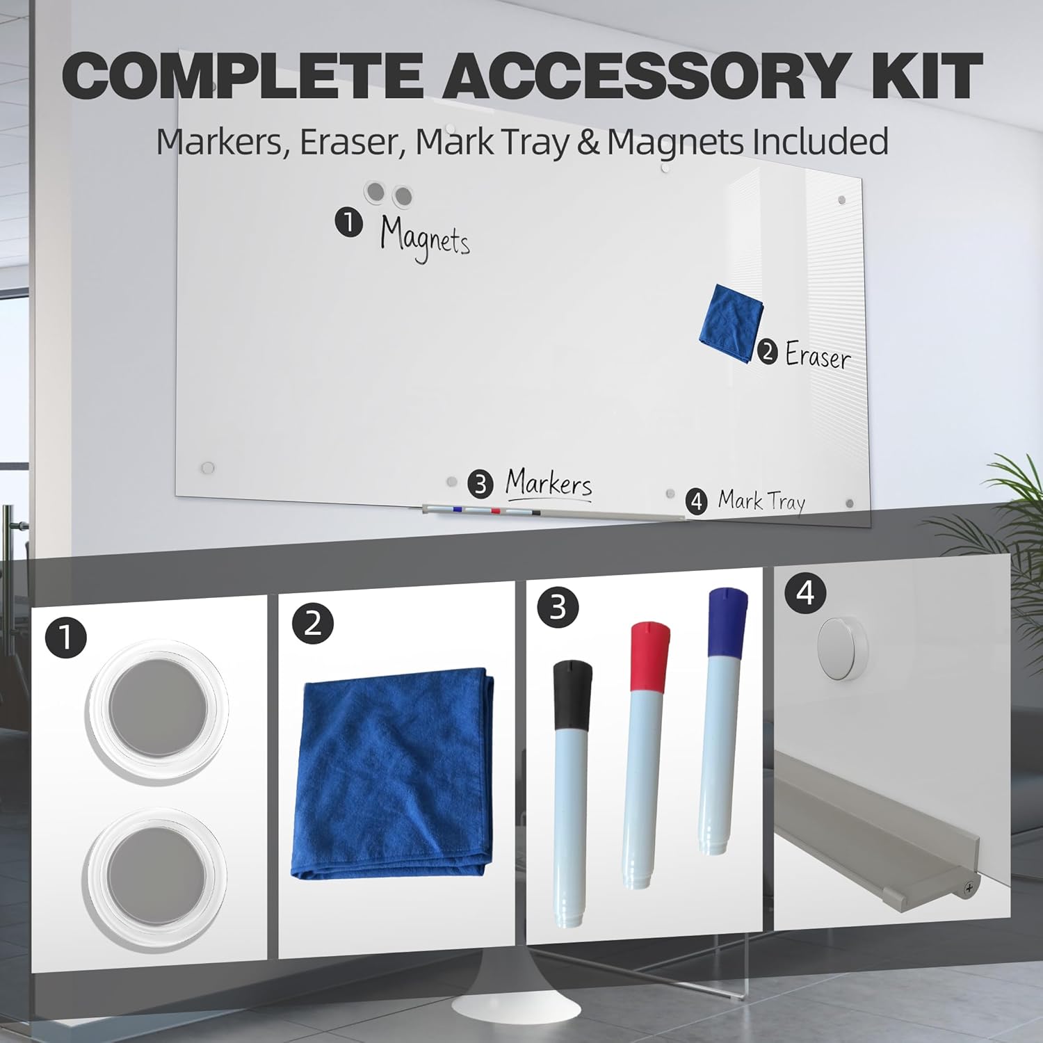INNOVART Ultra White Glass Whiteboard 96”x48”, Magnetic Dry Erase Board with Markers, Eraser, Mark Tray and Magnets, Frameless Glass Board Glossy Surface for School, Office, Commercial, etc.