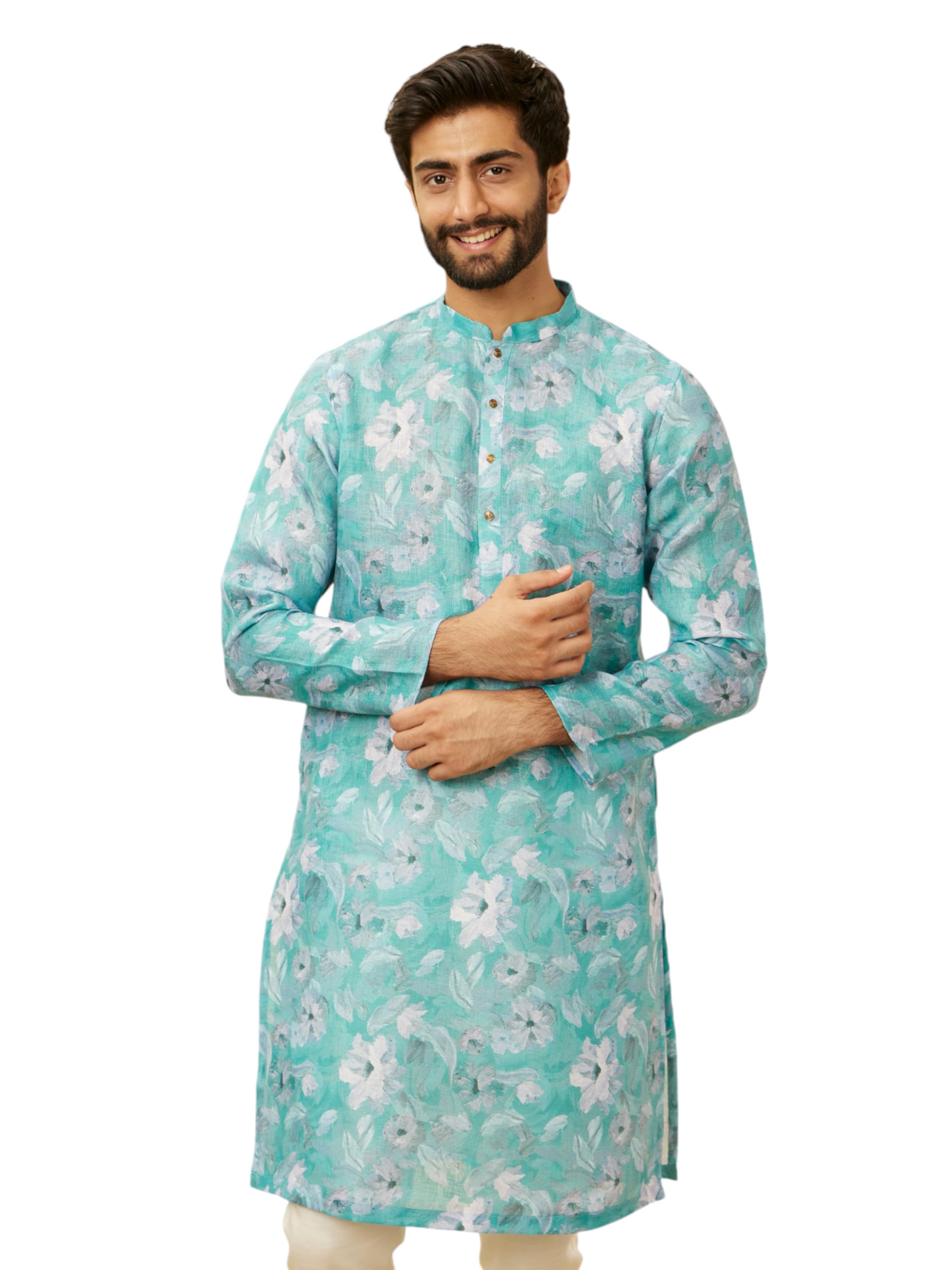 manyavar Men's Viscose Blend Floral Printed Kurta (1pc)-picture-15