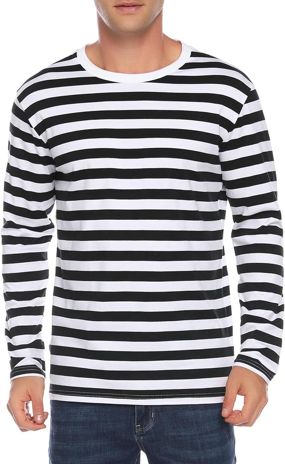 iClosam Mens Black and White Striped T Shirt Long Sleeve Crewneck Casual Basic Tee Cotton Pullover Tops S-3XL