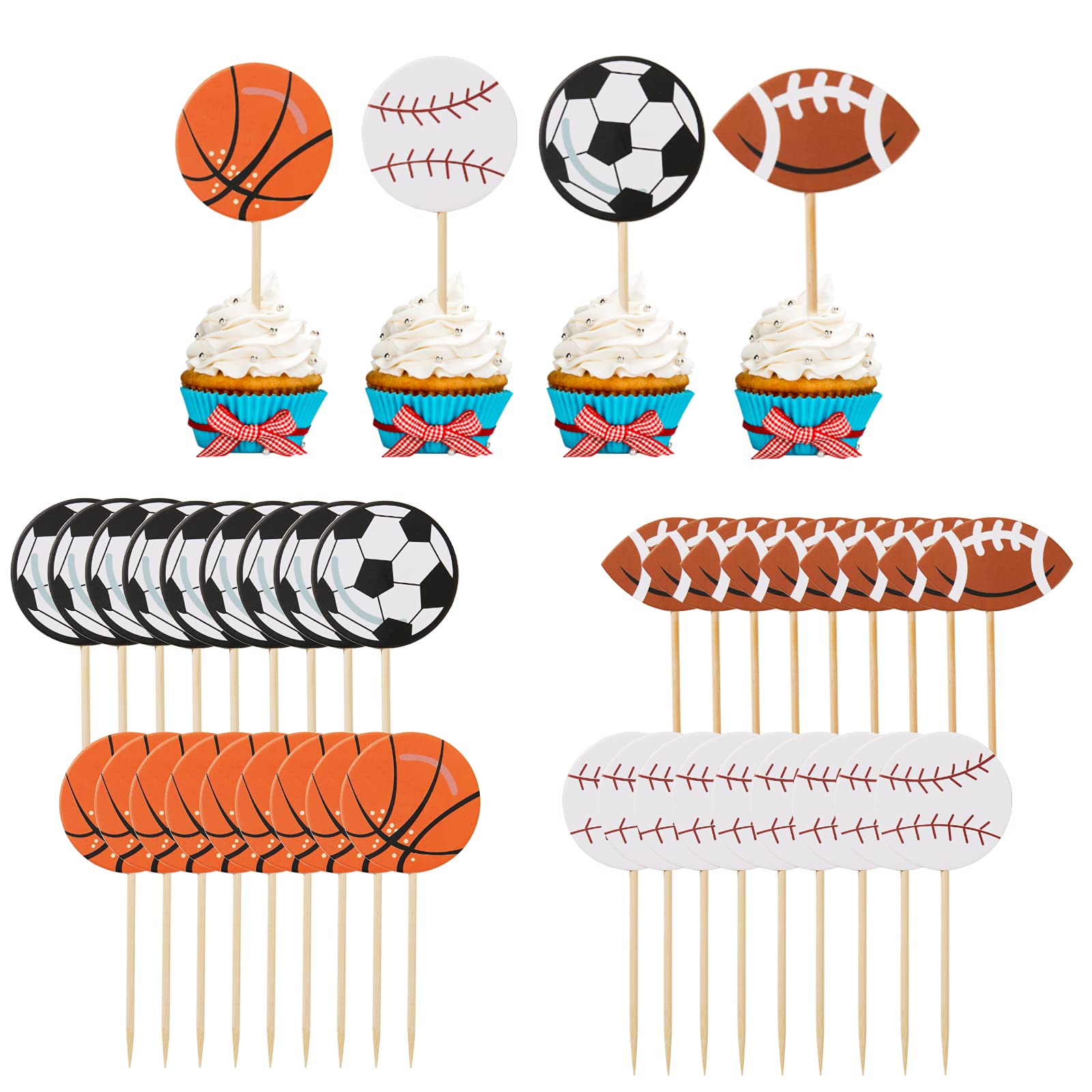 NMAS All Star Sports Theme Cupcake Toppers Basketball / Baseball / Football Cupcake Topper Sports Boy Birthday Sports Theme Party Supplies Decoration 36Pcs