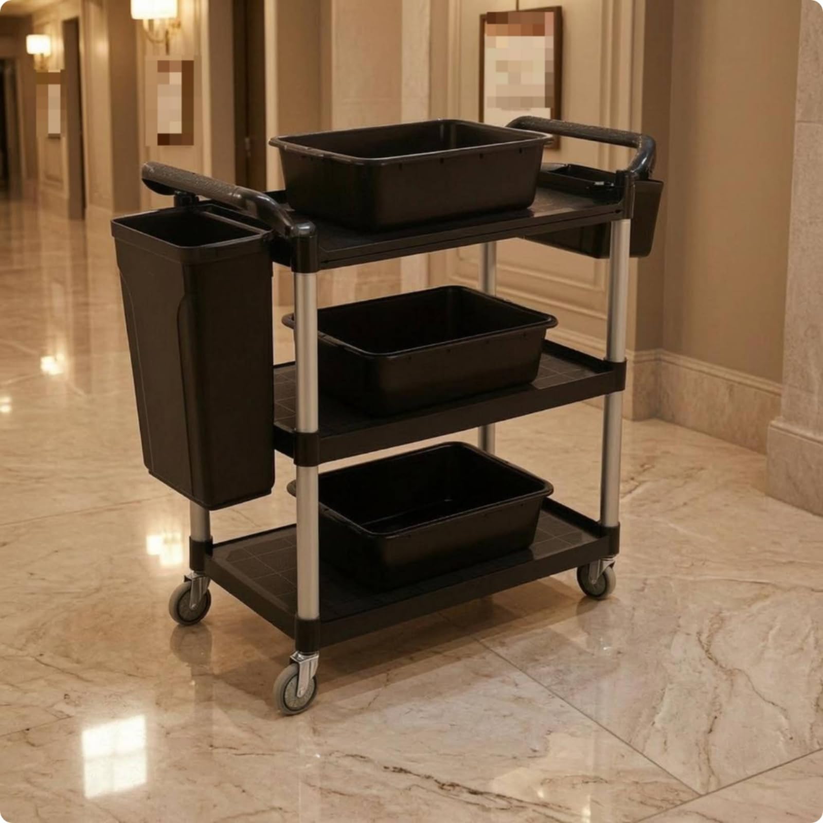predolo Carro Camarero Triple Niveles Gran Capacidad Carro Servicio con Ruedas Multiuso Mueble Rodante para Restaurante, Gris, Grande, Tres Cubetas, Dos Cubos, Ruedas Silenciosas