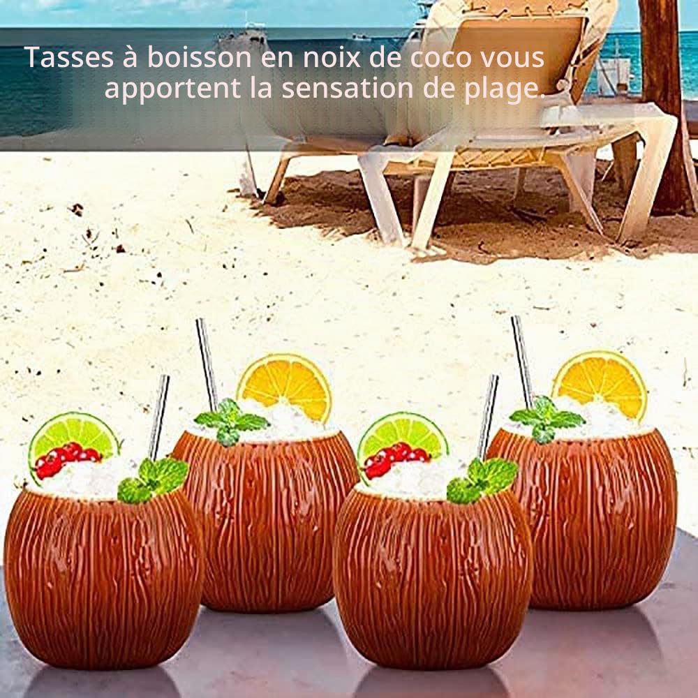 Set de 4 Tiki Mugs Coco en céramique, verres à cocktails tropicaux, lot de tasses tiki pour boissons exotiques et cocktails hawaïens, design noix de coco, ambiance festive et estivale