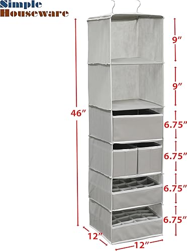 Miniatura 4 de Simple Houseware Organizador de armario colgante de 6 estantes con 5 cajones de almacenamiento, gris