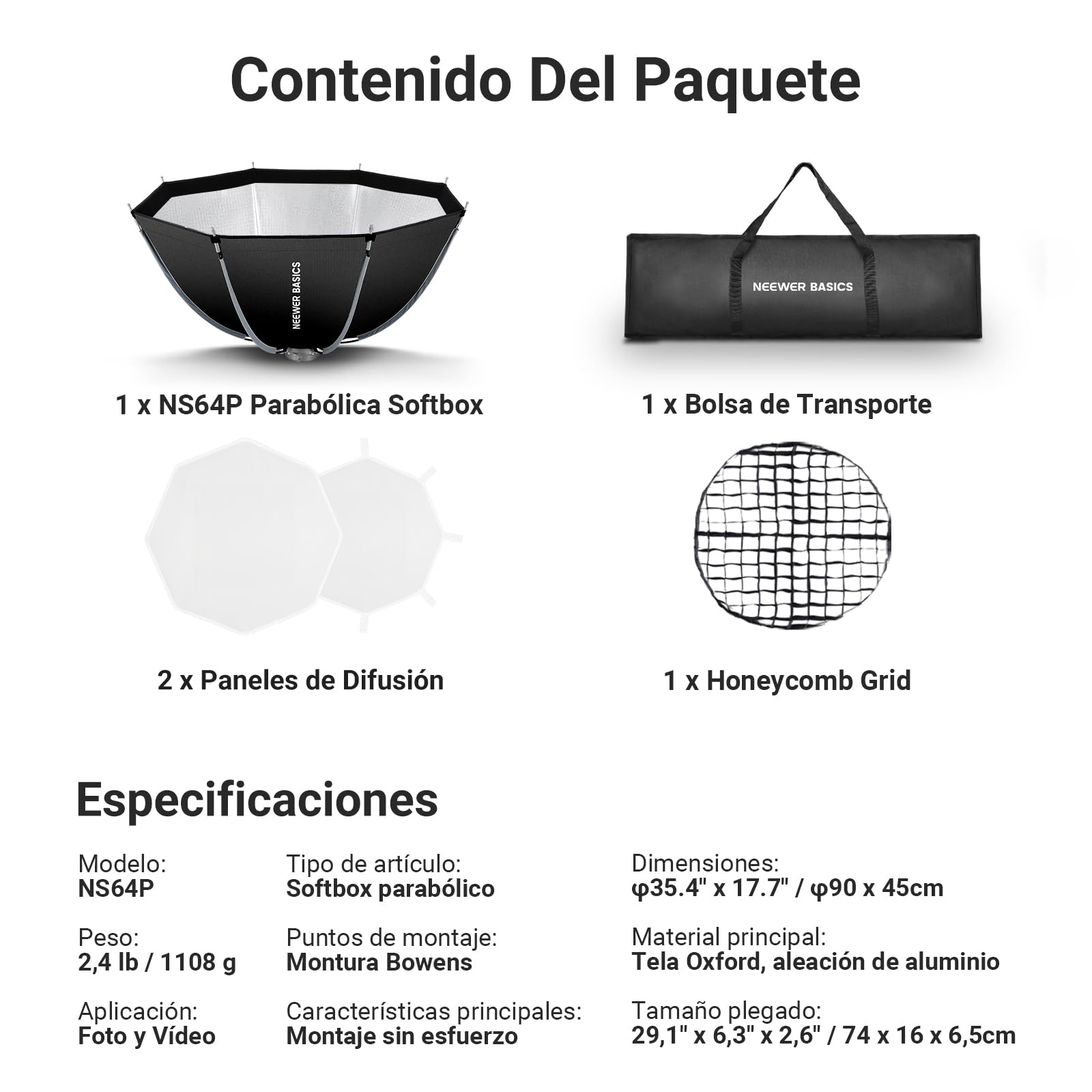 NEEWER Softbox Octogonal 35"/90 cm, Soft Box Nailon con Montura Bowens Honeycomb Grid, Difusores Luz y Bolsa, Para RGB CB60 CB60B CB200B MS60B MS60C MS150B S101-300W/400W Pro Vision 4 Q4, NS35P