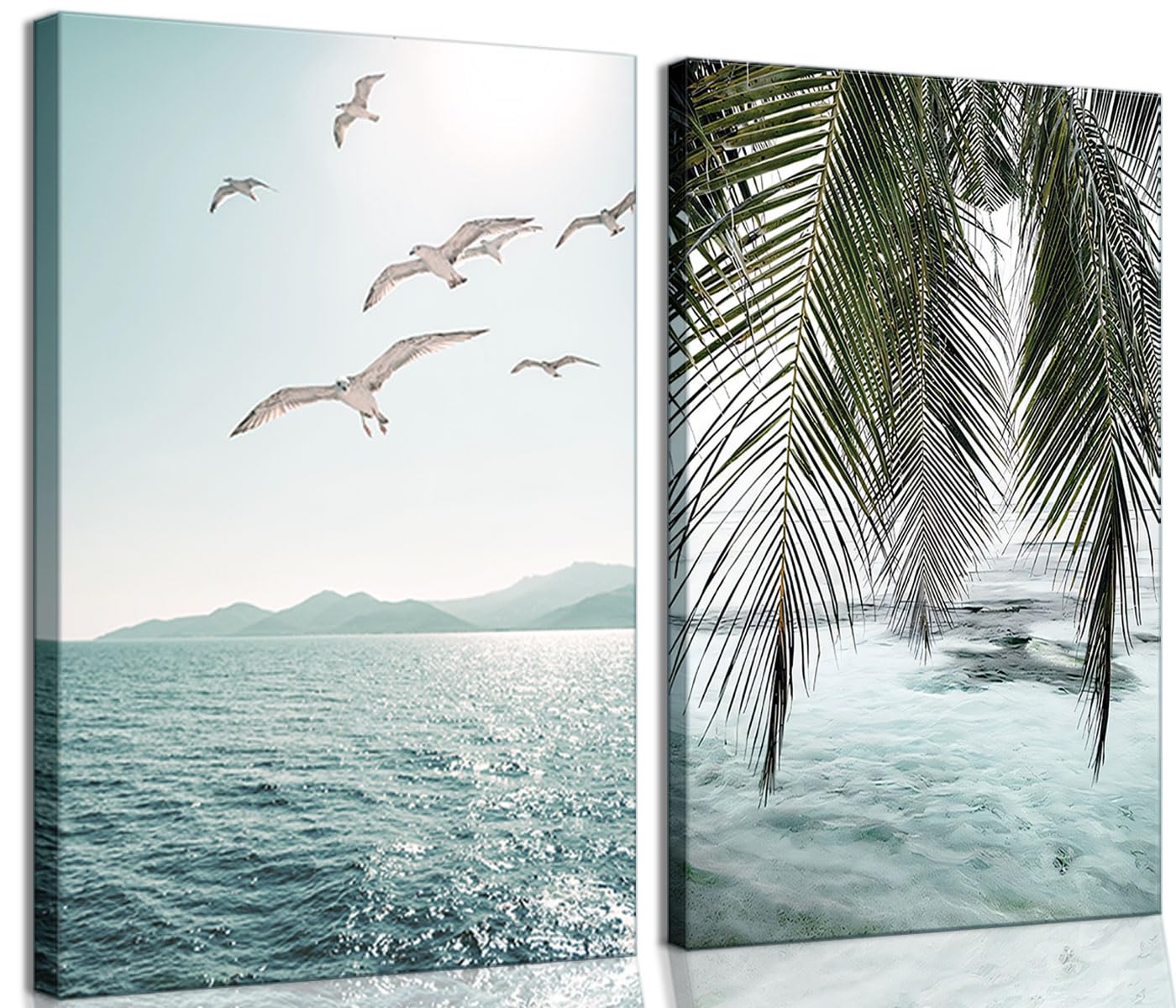 Framed Ocean Wall Art Beach Tropical Prints Bathroom Decor Canvas Turquoise Seascape Mint Green Paintings Coastal Pictures Palm Tree Artwork for Bedroom Living Room16"*24"*2