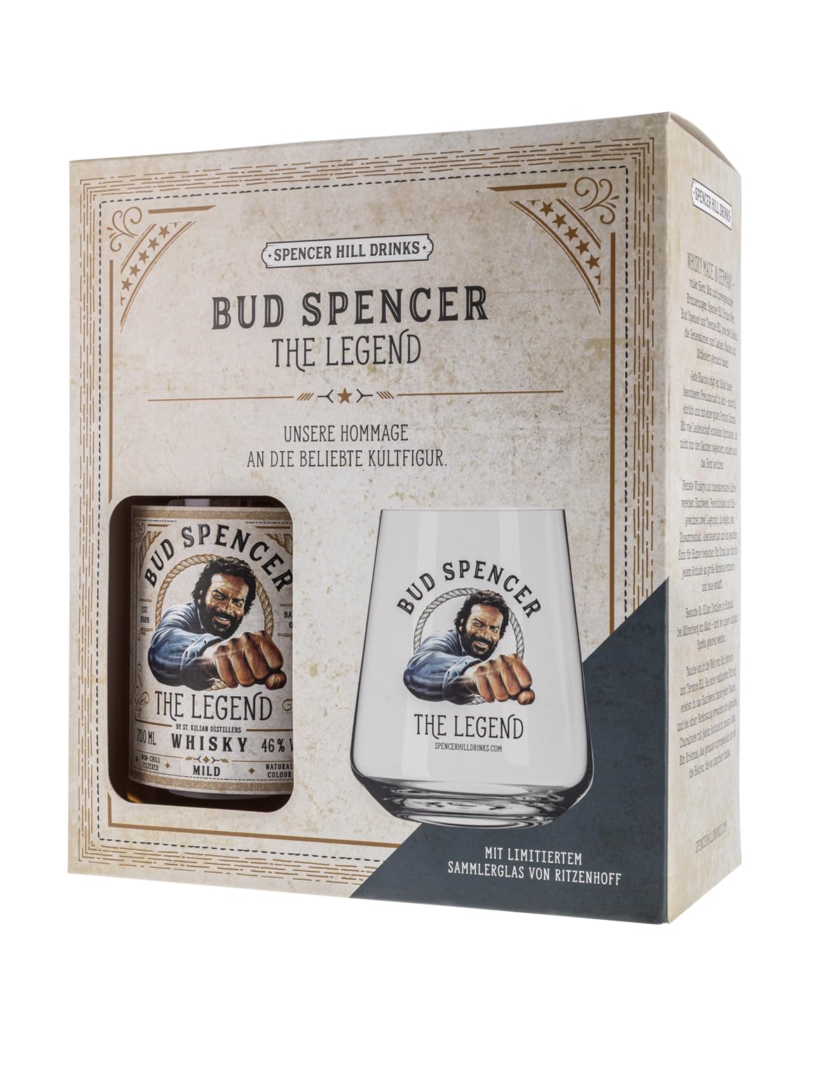 Bud Spencer Whisky Bundle - The LEGEND - [MILD 46% Vol, 0,7l] Deutscher Premium Whiskey aus ausgewählten Fässern - Geschenke Box - Bud Spencer und Terence Hill Fanartikel - Whisky Geschenke