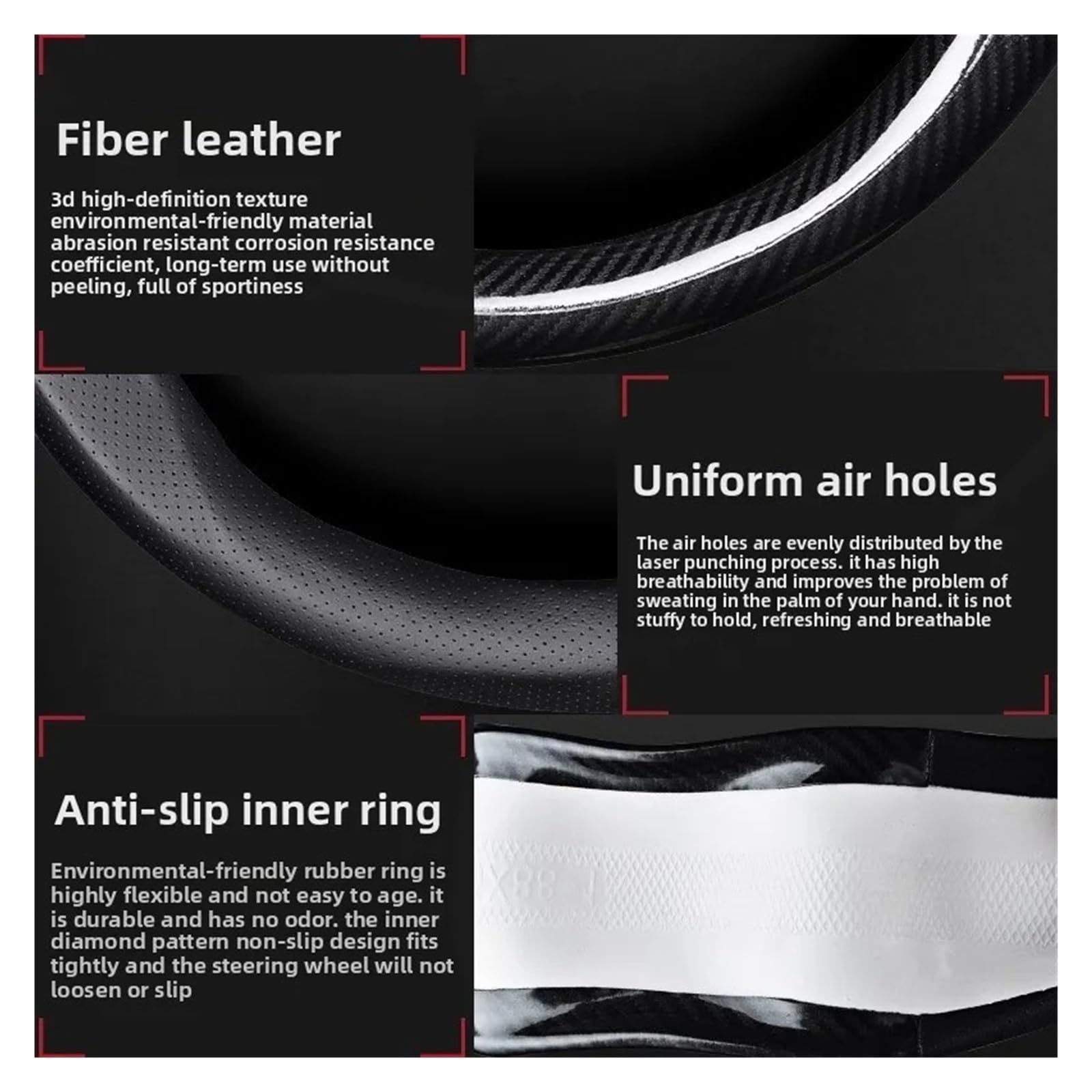 Cubierta Volante Coche Funda Volante Coche Fibra Carbono Fina Transpirable Antideslizante Absorbente Sudor Universal Cuero Modificación Manillar(O Three-Color Mark Black)