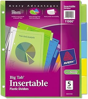 Avery Big Tab Insertable Plastic Dividers, 5-Tab Set, Multicolor, Multi Pack of 8 Sets (11900)