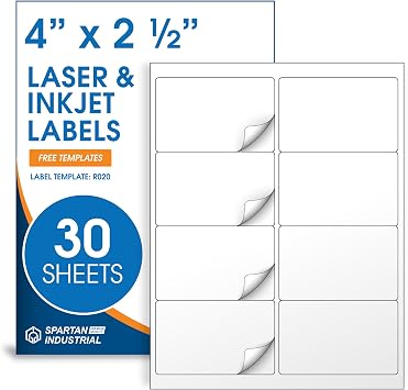 4" X 2.5" Matte White Printable Shipping Labels 30 Sheets, 240 Stickers Address and Mailing Labels for Laser & Inkjet Printers - Spartan Industrial Template R020