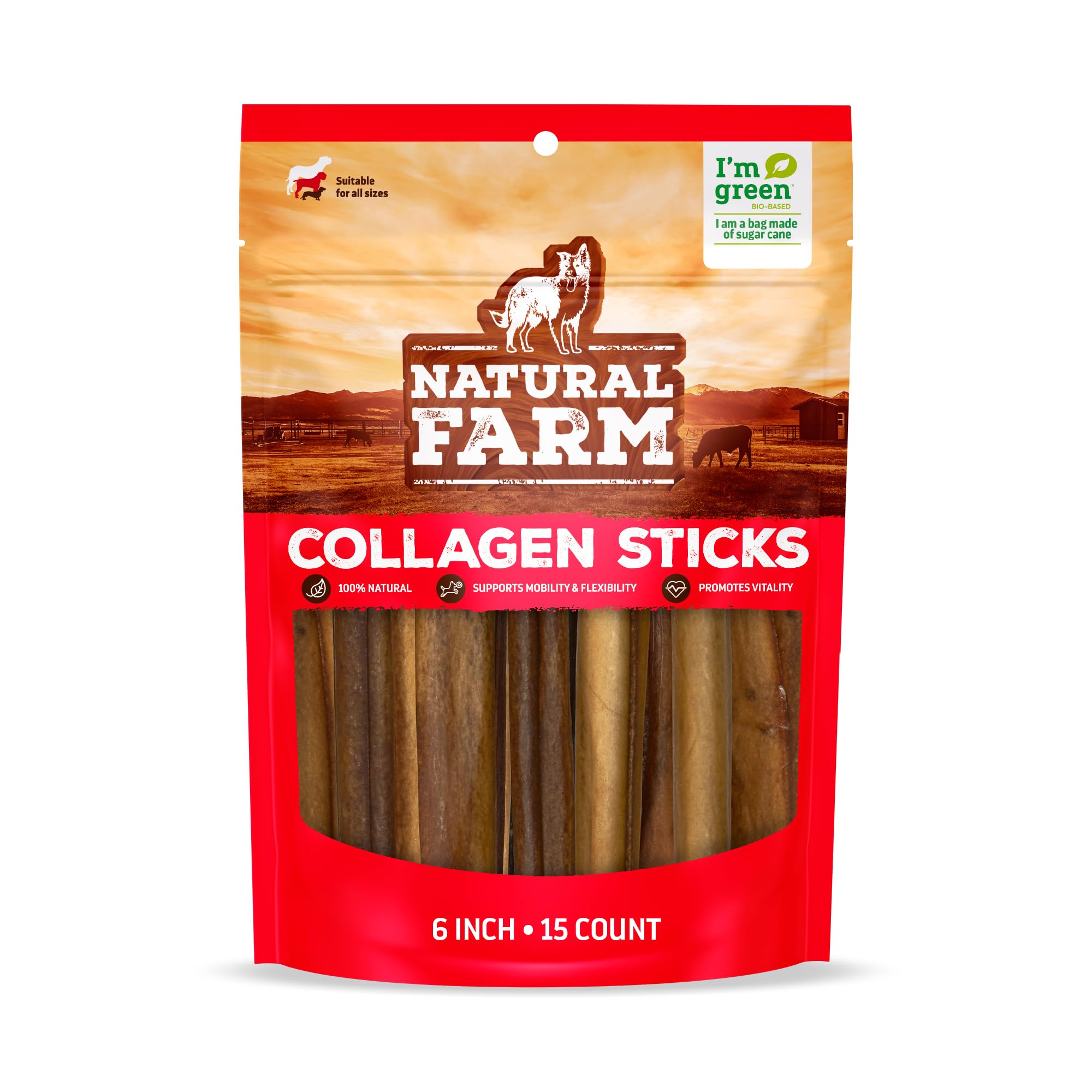 Natural Farm Collagen Sticks (6 Inch, 15 Pack). Odor-Free, 95% Natural Collagen Dog Chews, Supports Healthy Joints, Skin & Coat - Best Rawhide Alternative for Small & Medium Dogs