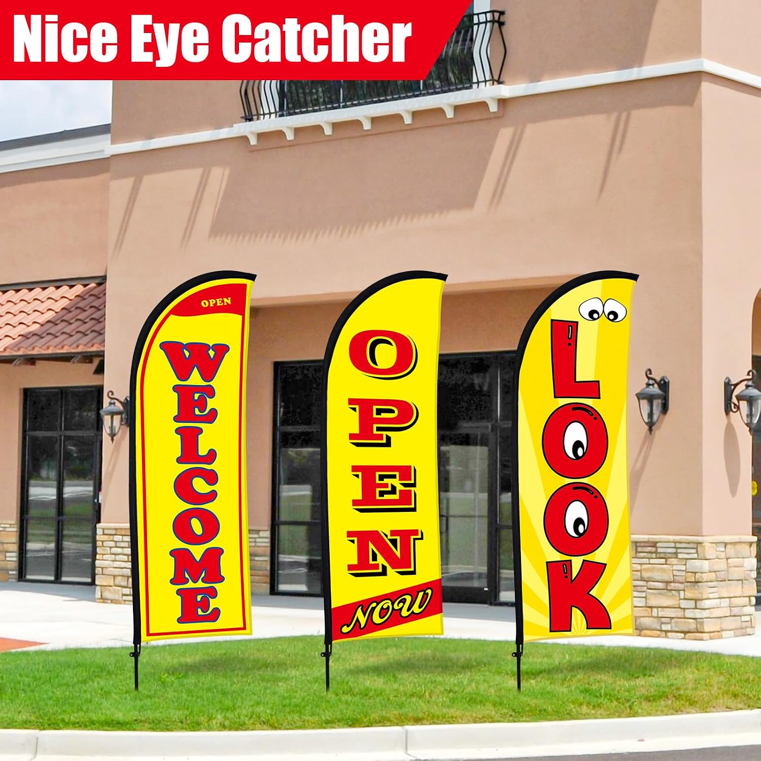 Buryeah 3 Sets Now Open Look Welcome Feather Flag Banners Advertising Sign for Business 7 Feet Tall Open Swooper Flag Sign with Fiberglass Pole Kit Rotating Ground Spike and Portable Bag (Yellow) image 3