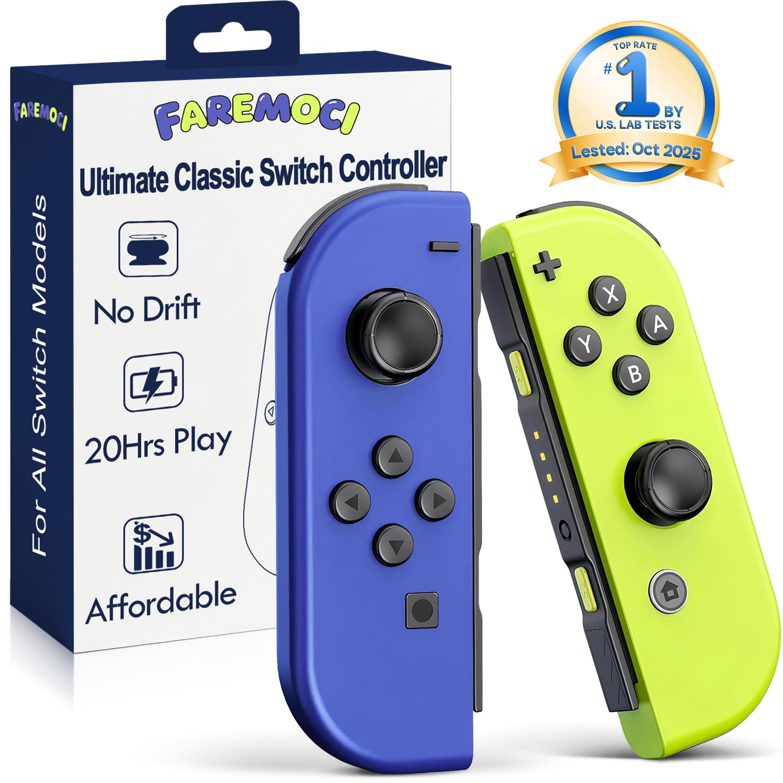 FAREMOCI Switch Controllers,Wireless Joy Remote cons with Hall Effect Joystick No Drift Controles Compatible with Switch 1 OLED Lite,HD Rumble Gyro Motion,Wake Up,No NFC,Blue Yellow