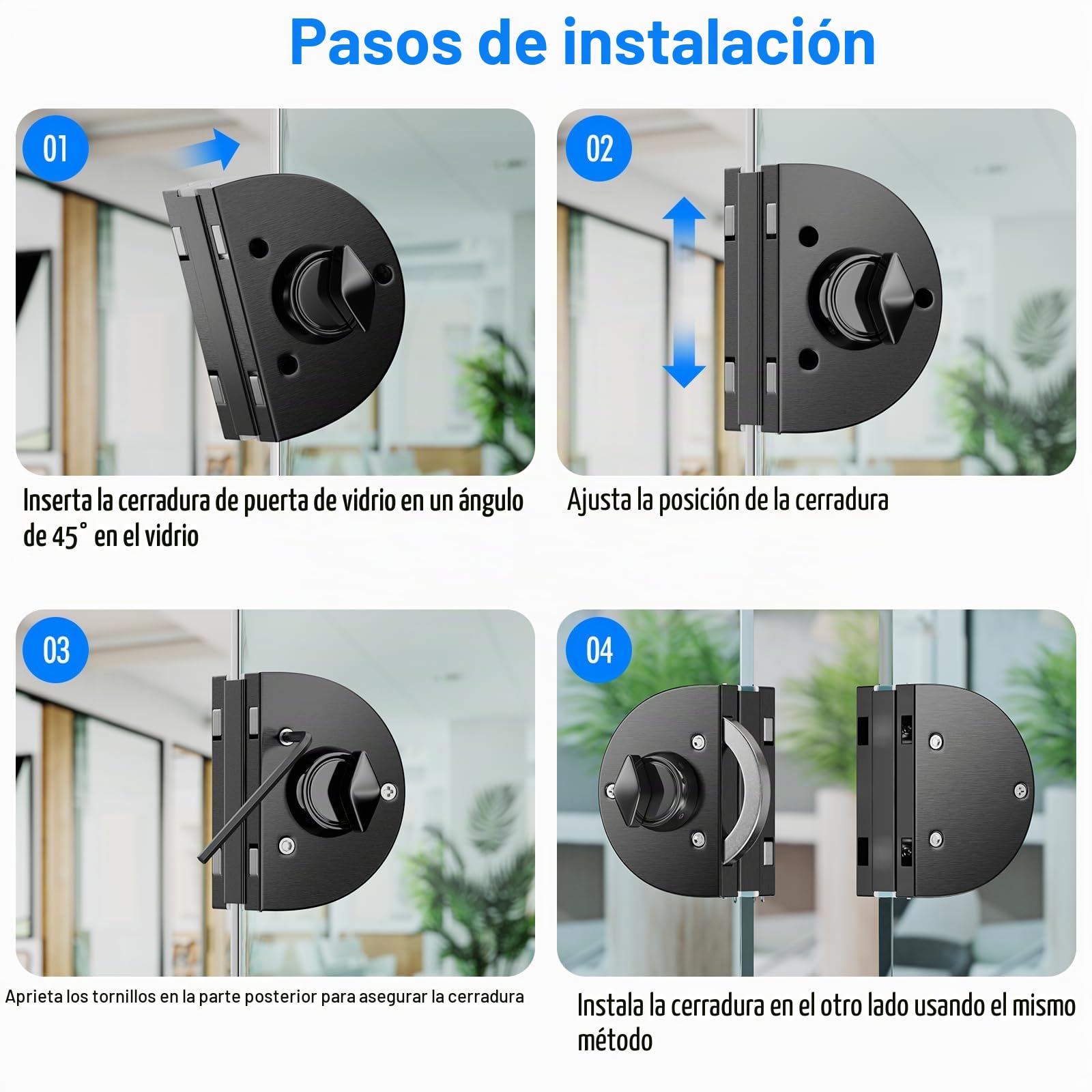 Ranbo Cerradura de Sujeción sin Taladrar para Cristal, Negro Cepillado | Para cristal de 10–12 mm, apertura y cierre con llave, apta para hogar y oficina
