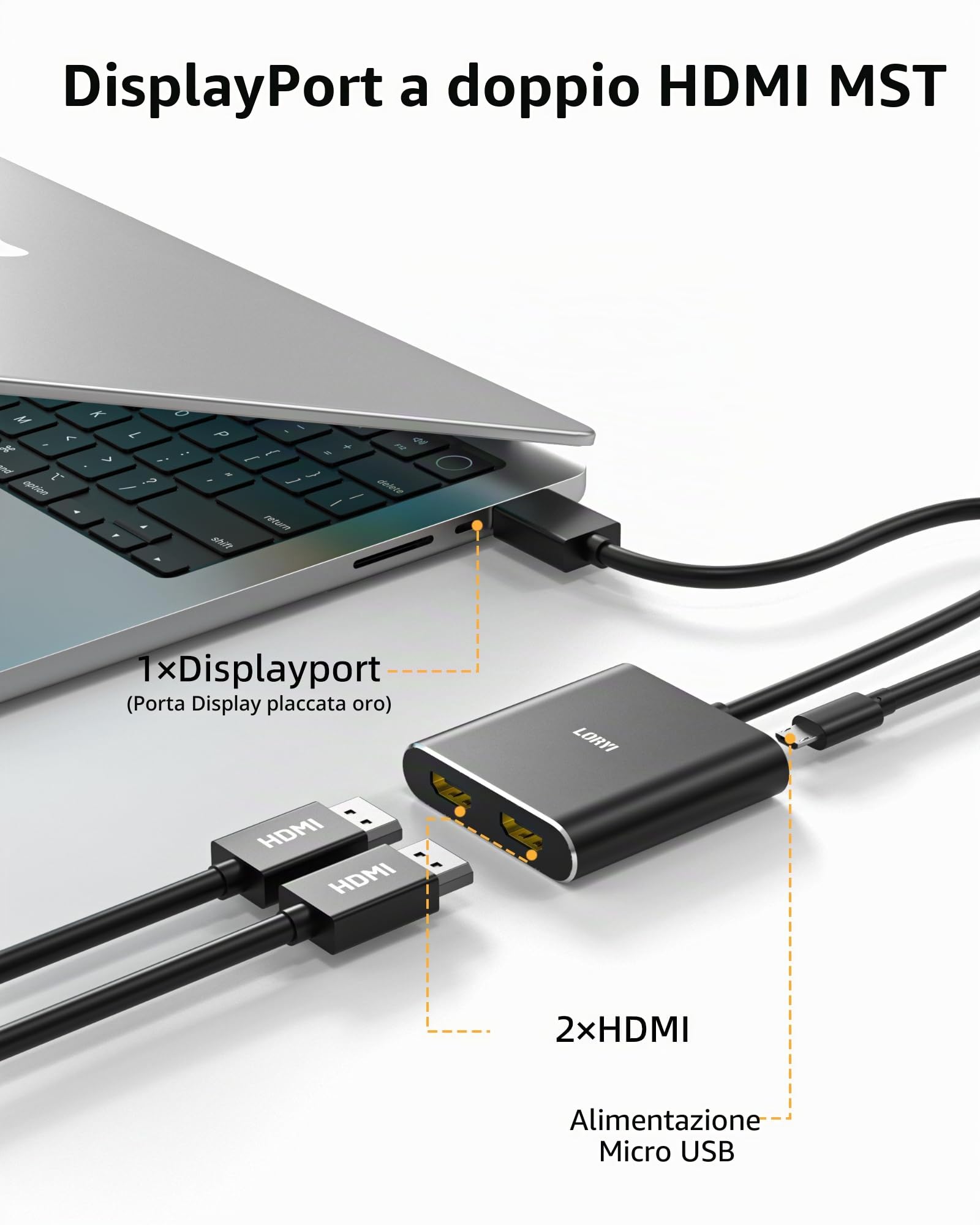 Displayport a Dual HDMI Splitter, 4K 60Hz Multi-Monitor, DP a 2 HDMI per Computer Laptop Scheda Grafica PC, Windows Compatibile MST Extended Mode