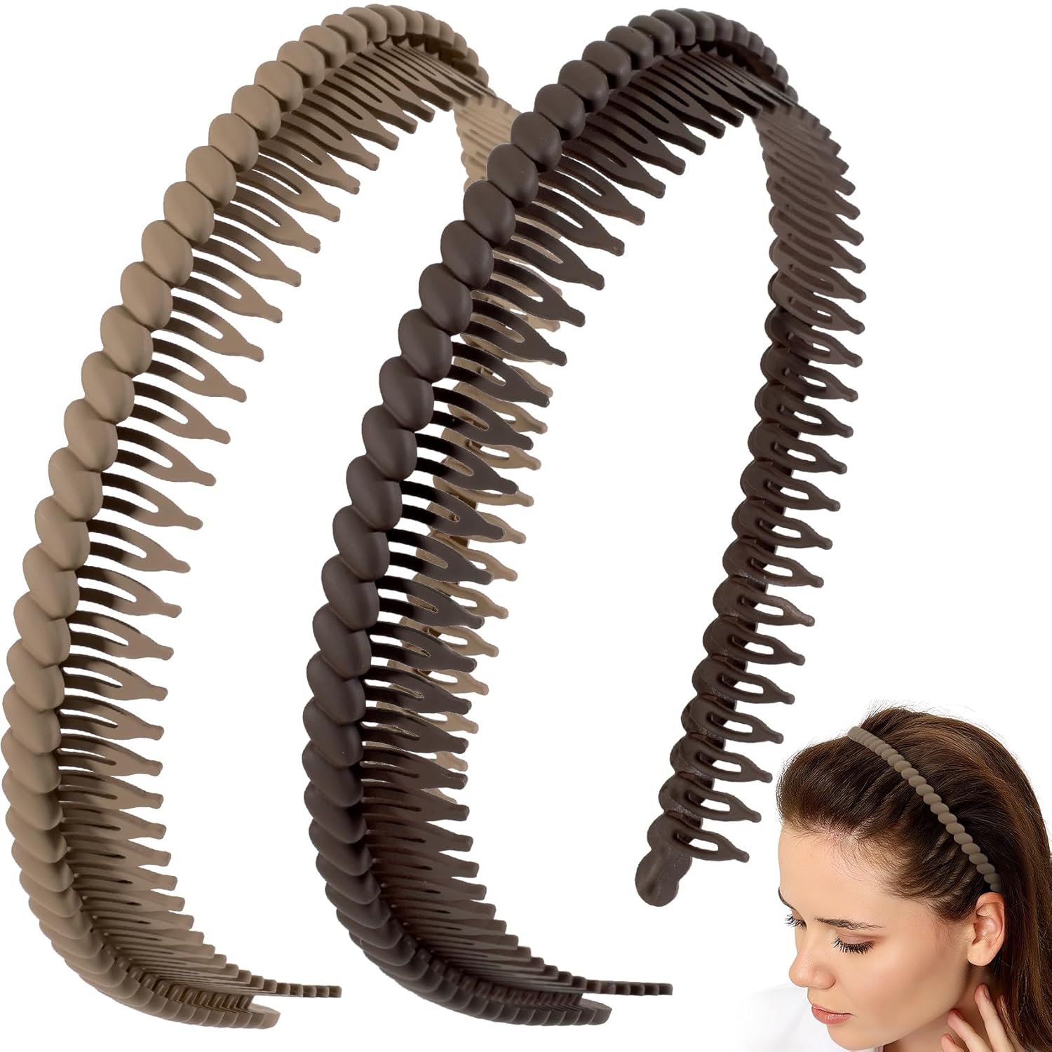 2pcs Non Slip Headband with Teeth, 2 Colors Plastic Comb Headbands for Women, 4.3 x 0.7 Inch Elegant Head Band Hair Accessories for Home Office Birthday Party - Coffee, Khaki